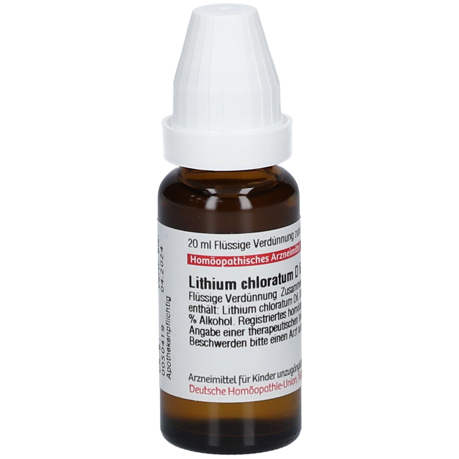 Braune Tropfflasche mit weißem Verschluss. Etikett mit Text: Lithium chloratum D6. Apothekenpflichtig. Verwendbar bis 04.2024.