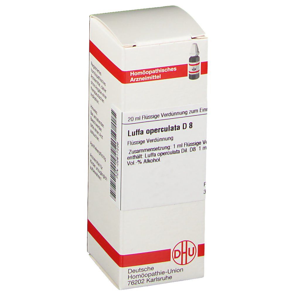 Weiße Faltschachtel mit roter Linie. Beschriftung: Luffa operculata D 8, DHU Logo. Enthält eine braune Glasflasche mit Tropfer.
