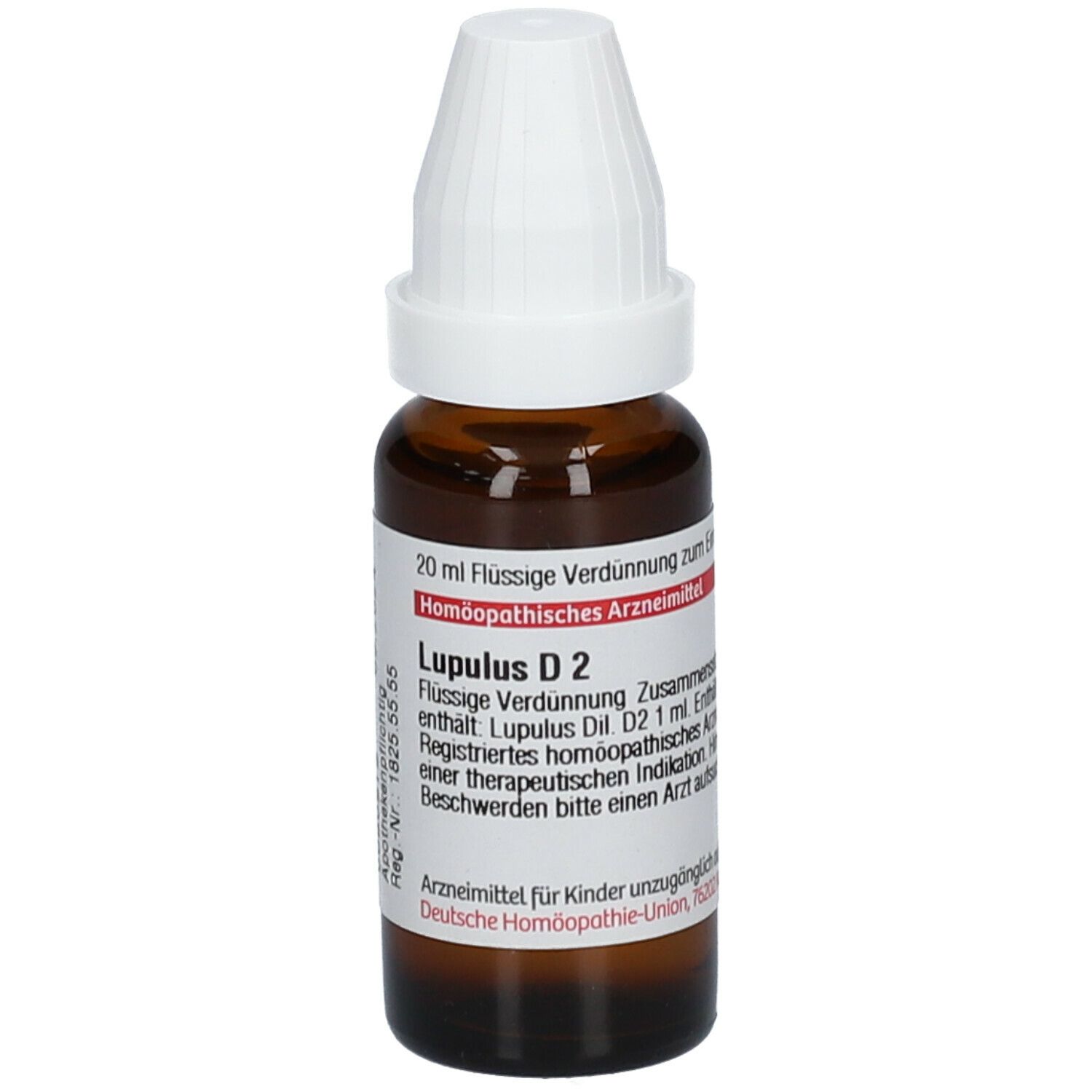 Braune Glasflasche mit weißem Verschluss. Beschriftung: Lupulus D 2, 20 ml flüssige Verdünnung. Deutsche Homöopathie-Union.