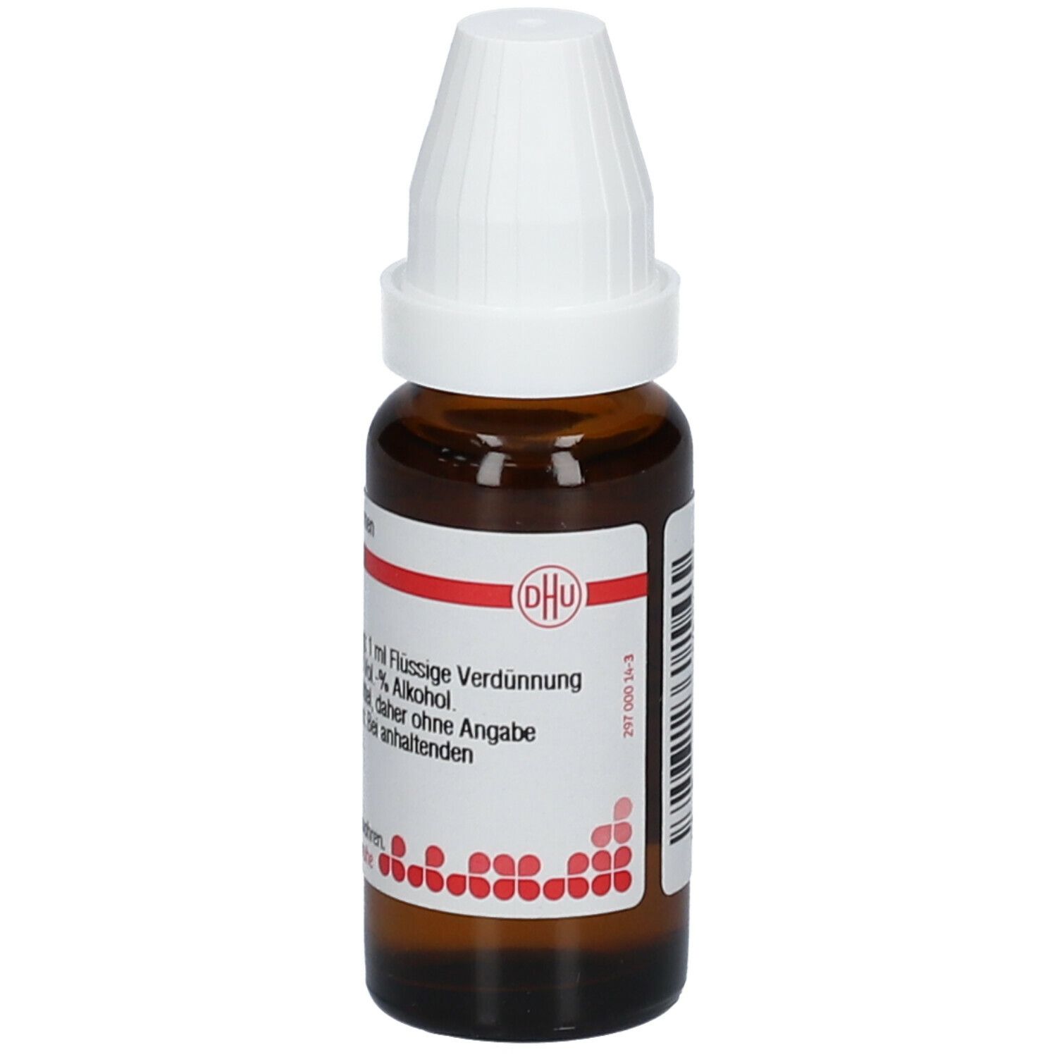 Braune Glasflasche mit weißem Verschluss. Aufkleber mit DHU-Logo und Text. Beschriftung: 20 ml flüssige Verdünnung.