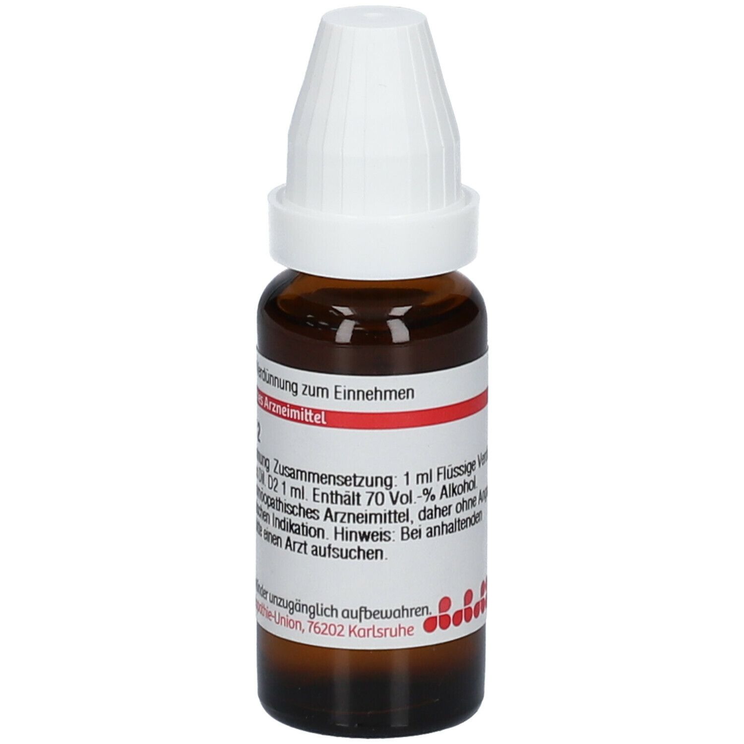 Braune Glasflasche mit weißem Verschluss. Beschriftung: 20 ml flüssige Verdünnung. Homöopathisches Arzneimittel.