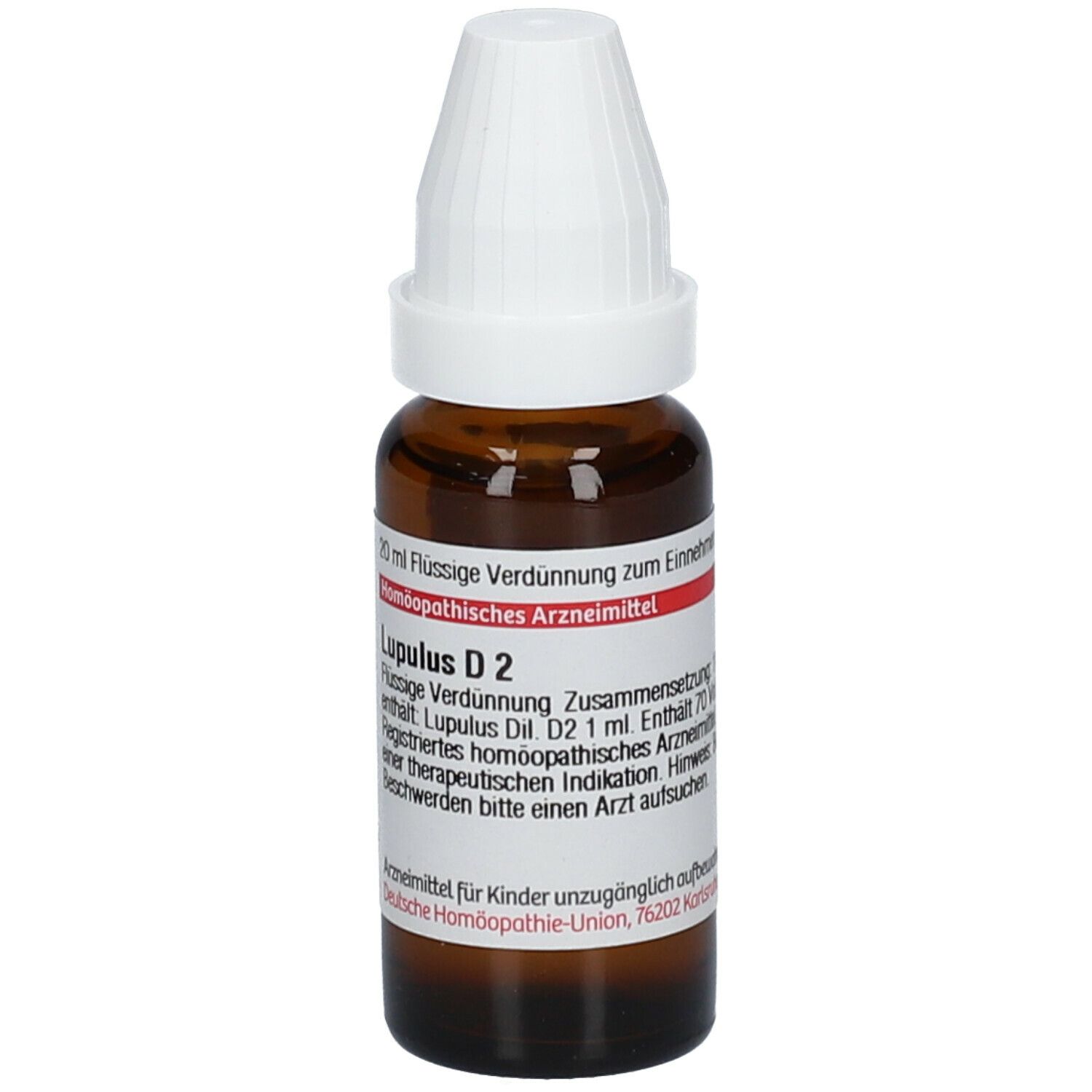 Braune Glasflasche mit weißem Verschluss. Beschriftung: Lupulus D 2, 20 ml flüssige Verdünnung. Homöopathisches Arzneimittel.