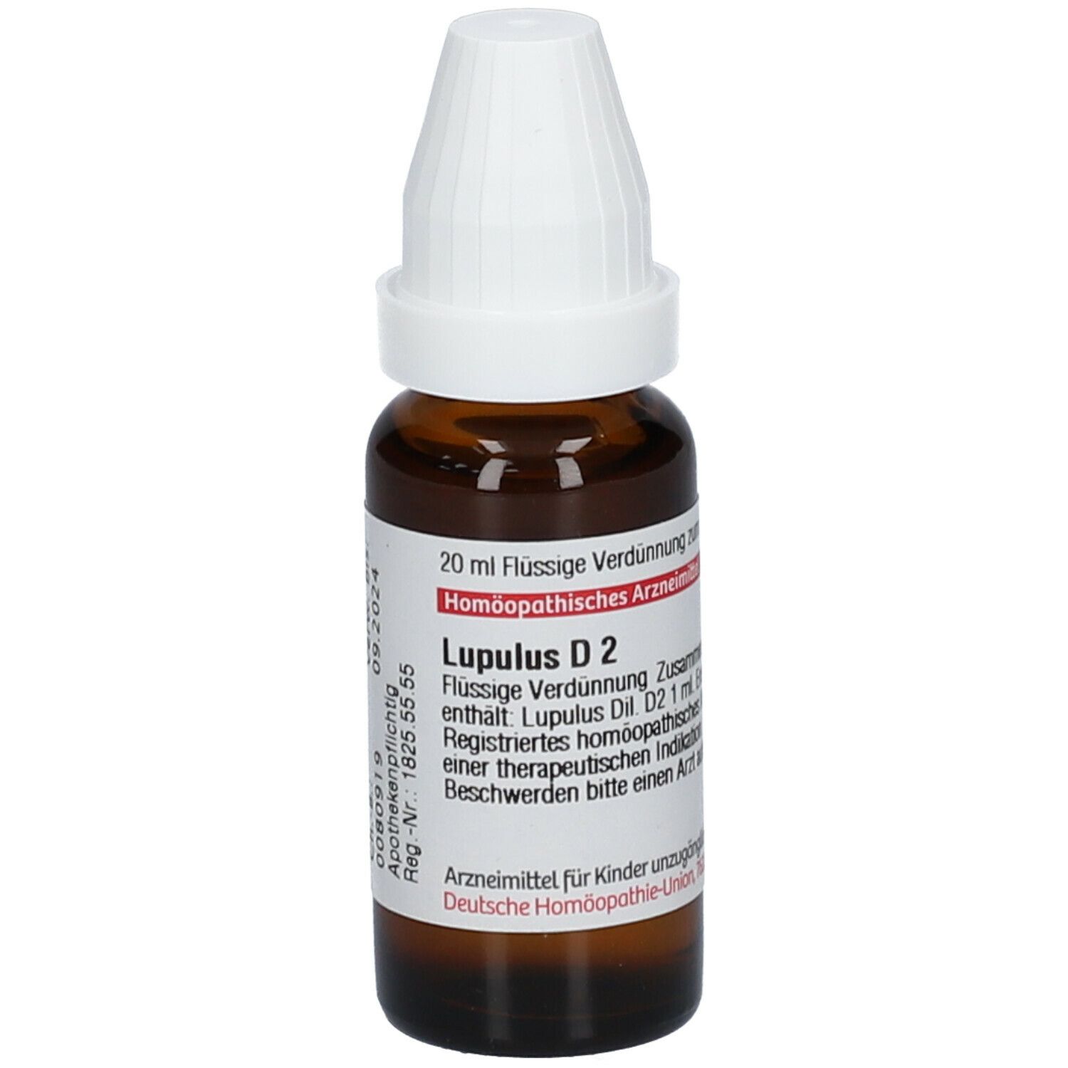 Braune Glasflasche mit weißem Verschluss. Beschriftung: Lupulus D 2, 20 ml flüssige Verdünnung. Apothekenpflichtig.