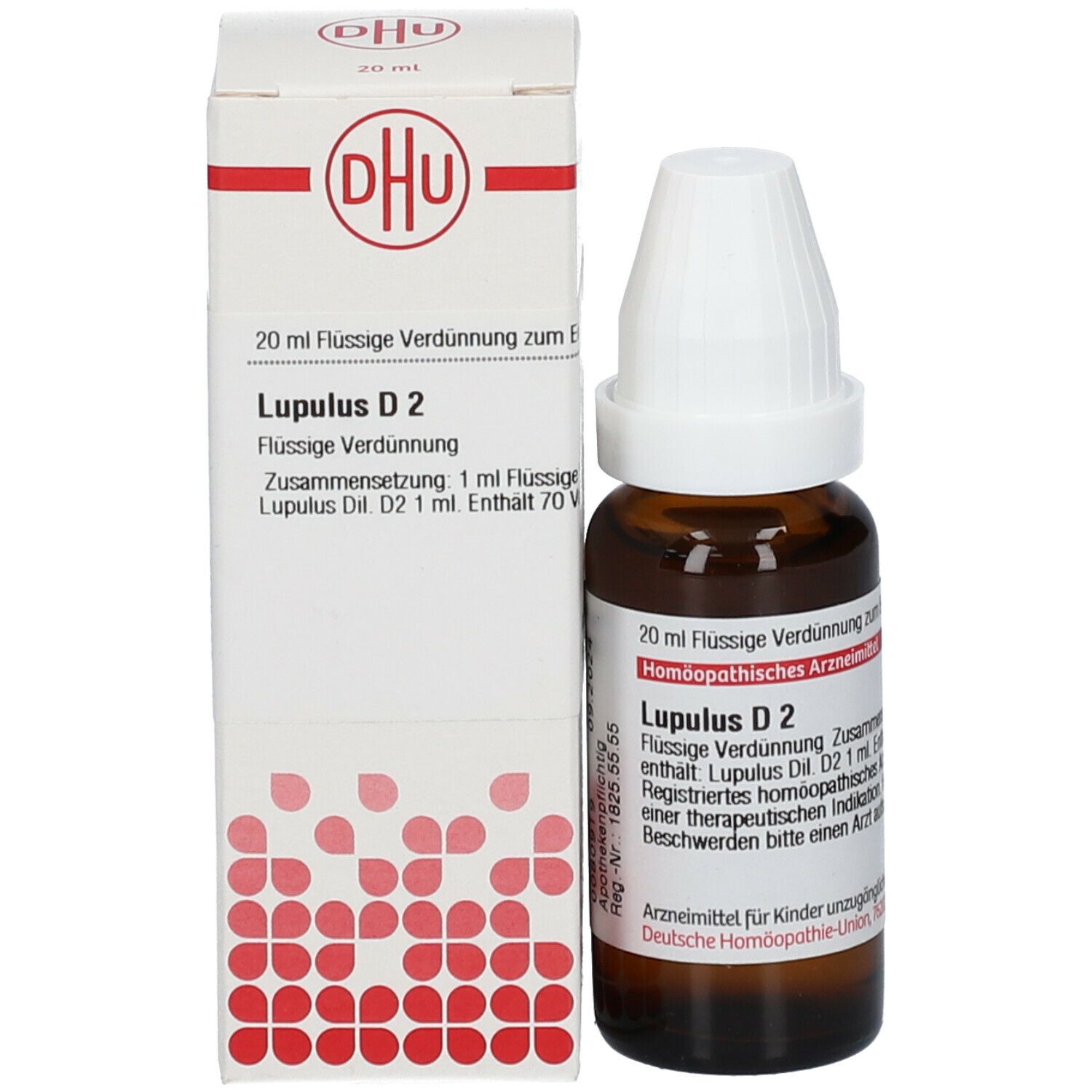 Braune Glasflasche mit weißem Verschluss neben weißer Schachtel. Beschriftung: Lupulus D 2, 20 ml flüssige Verdünnung.