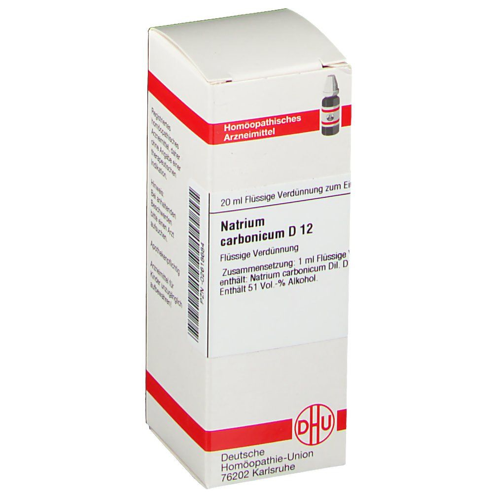 Weiße Faltschachtel mit roter Umrandung. Aufschrift: Natrium carbonicum D 12, DHU Logo. Fläschchen mit Tropfer sichtbar.