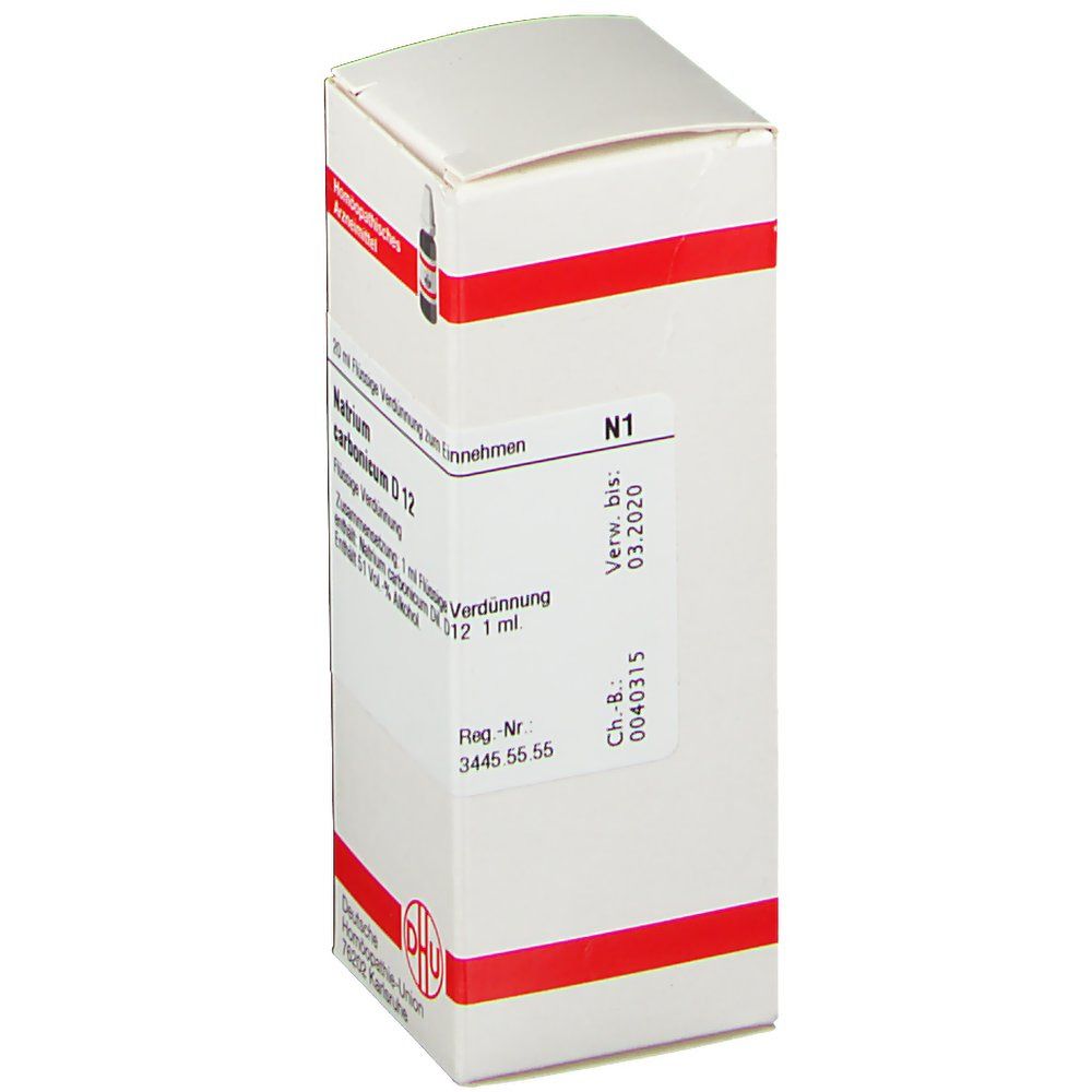 Weiße Faltschachtel mit roter Umrandung. Aufschrift: Natrium carbonicum D 12, N1. Verfallsdatum: 03.2020. DHU Logo.