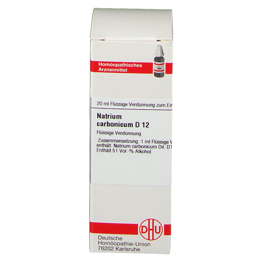 Weiße Faltschachtel mit roter Umrandung. Aufschrift: Natrium carbonicum D 12, DHU Logo. Fläschchen mit Tropfer sichtbar.