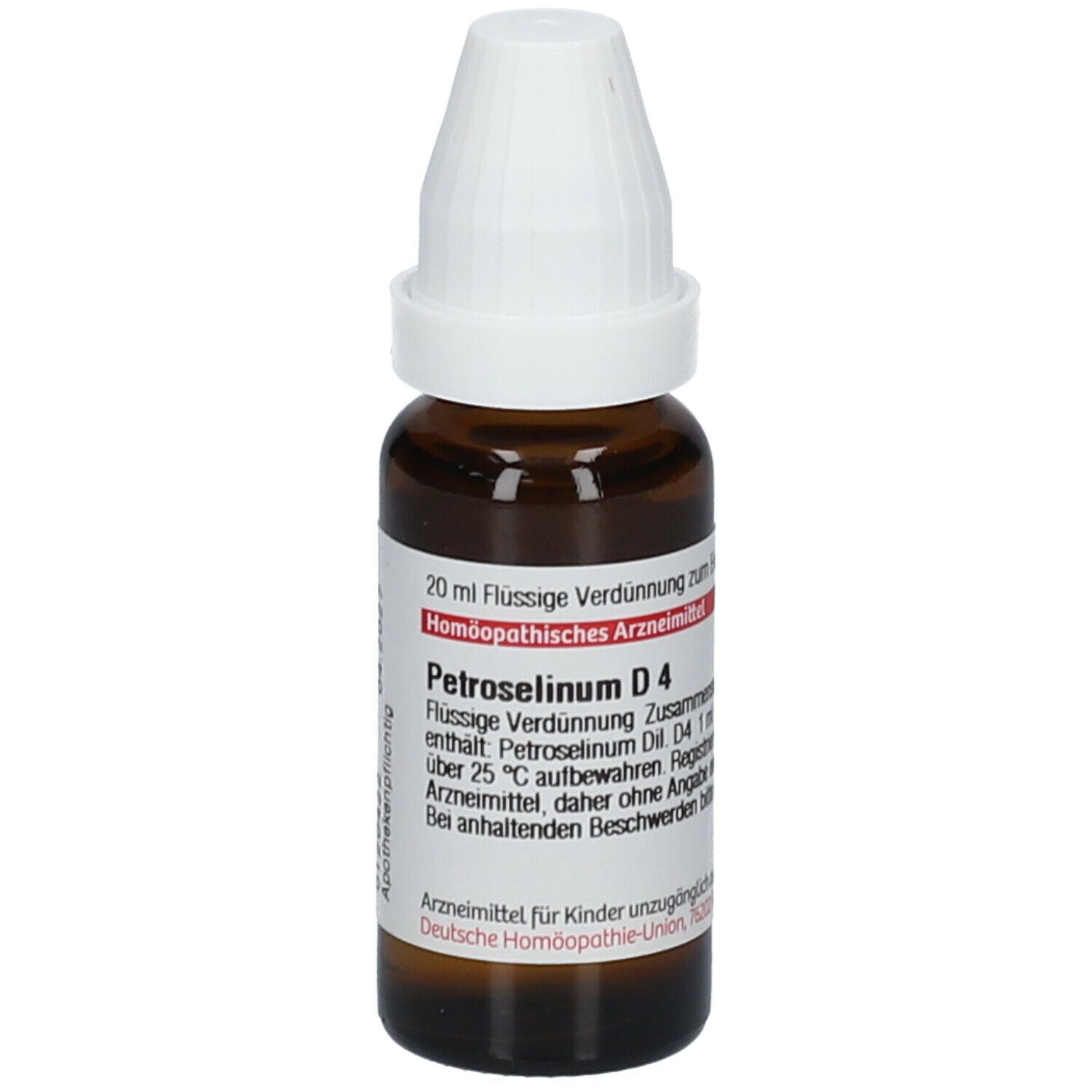 Braune Tropfflasche mit weißem Verschluss. Etikett mit Text: Petroselinum D4, 20 ml Flüssige Verdünnung. Deutsche Homöopathie-Union.