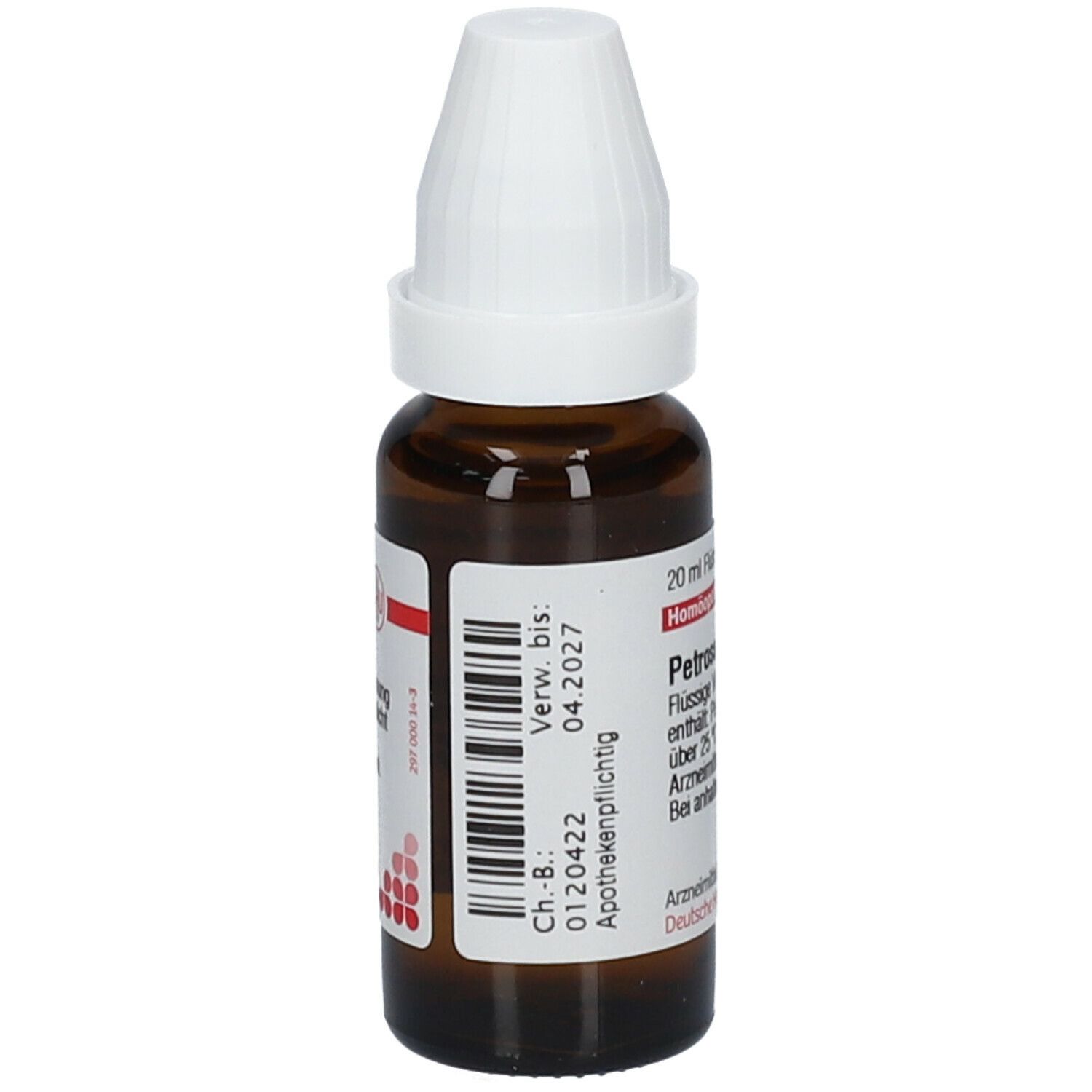 Braune Tropfflasche mit weißem Verschluss. Etikett mit Text: Petroselinum D4. Verfallsdatum 04.2027. Apothekenpflichtig. Ch.-B.: 0120422.