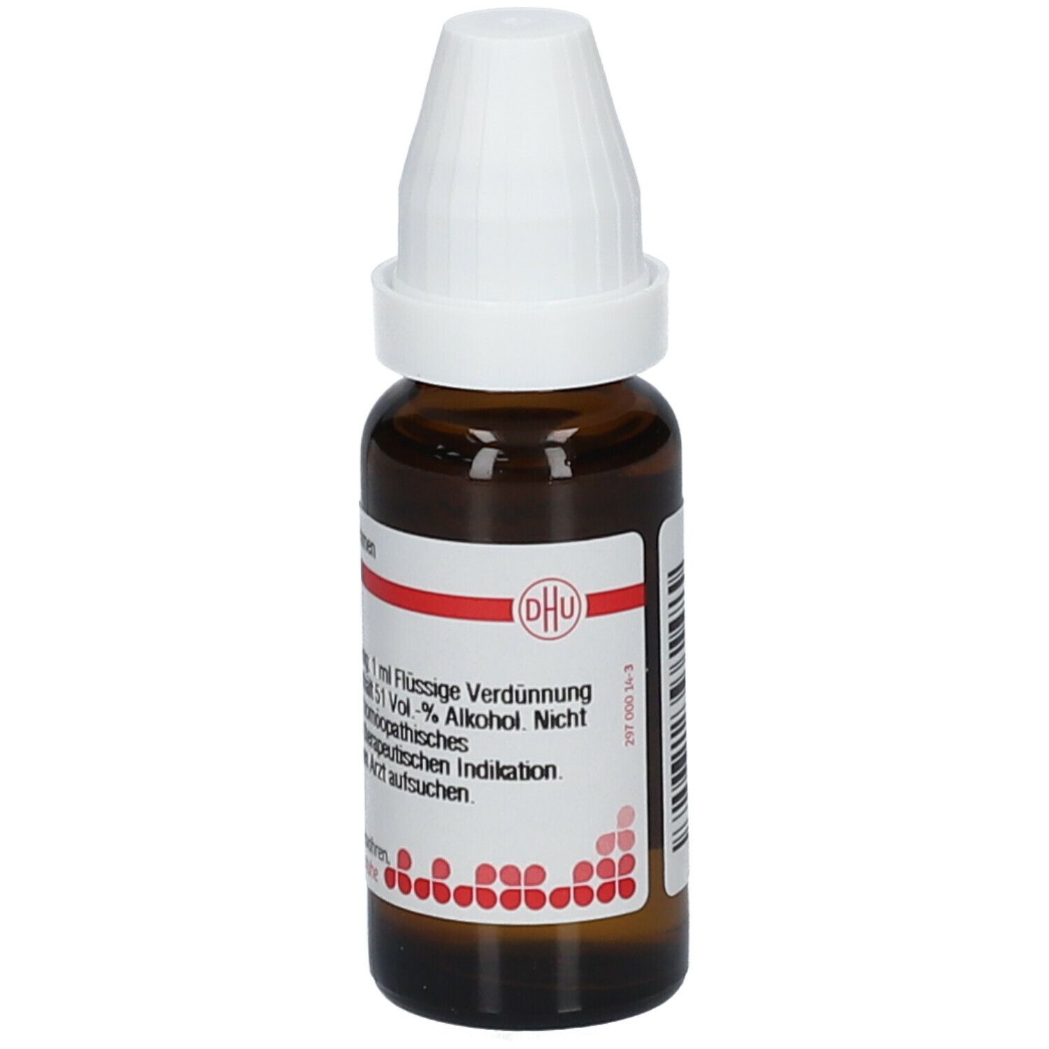 Braune Tropfflasche mit weißem Verschluss. Etikett mit Text: DHU, Petroselinum D4, 1 ml Flüssige Verdünnung. Enthält 51 Vol.-% Alkohol.