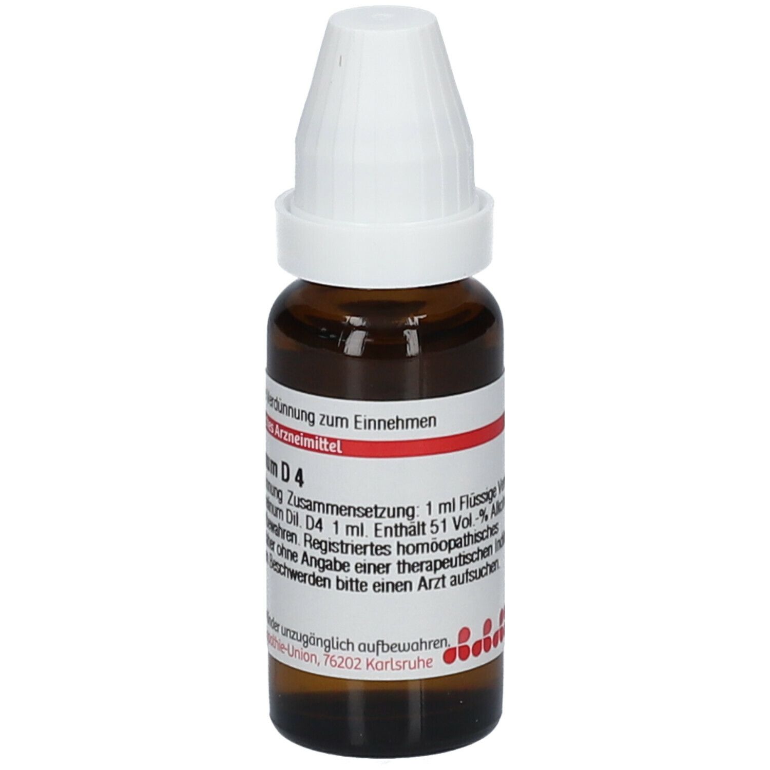 Braune Tropfflasche mit weißem Verschluss. Etikett mit Text: Petroselinum D4, 1 ml Flüssige Verdünnung. Deutsche Homöopathie-Union.