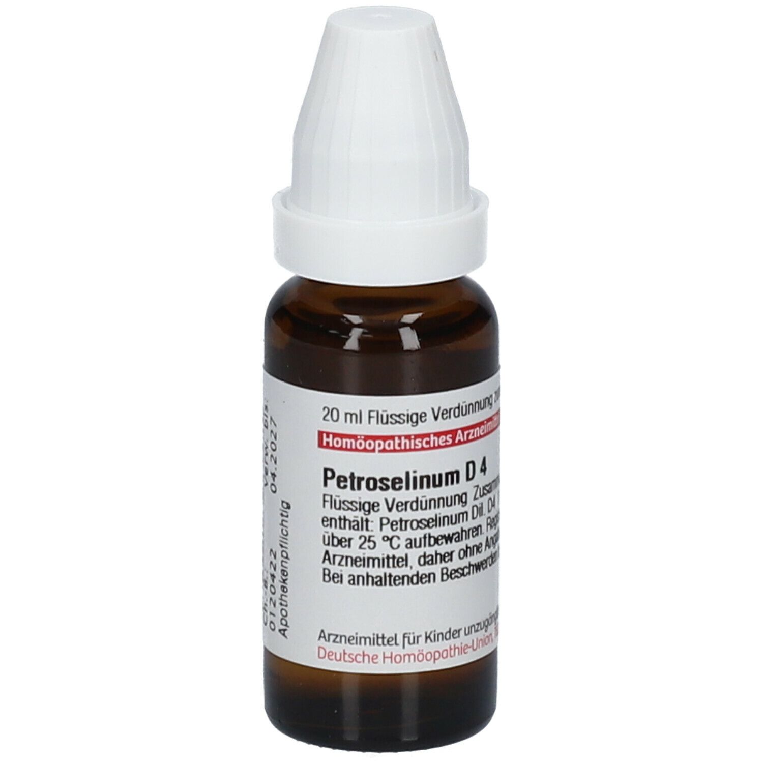 Braune Tropfflasche mit weißem Verschluss. Etikett mit Text: Petroselinum D4, 20 ml Flüssige Verdünnung. Apothekenpflichtig.