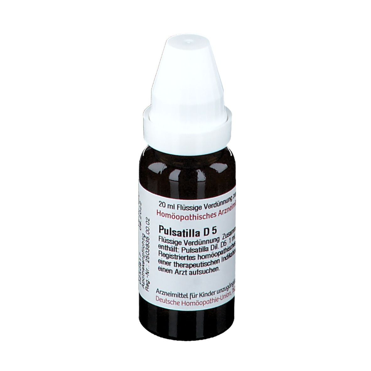 Braune Glasflasche mit weißem Verschluss. Etikett mit Text: Pulsatilla D5, 20 ml. Arzneimittel.