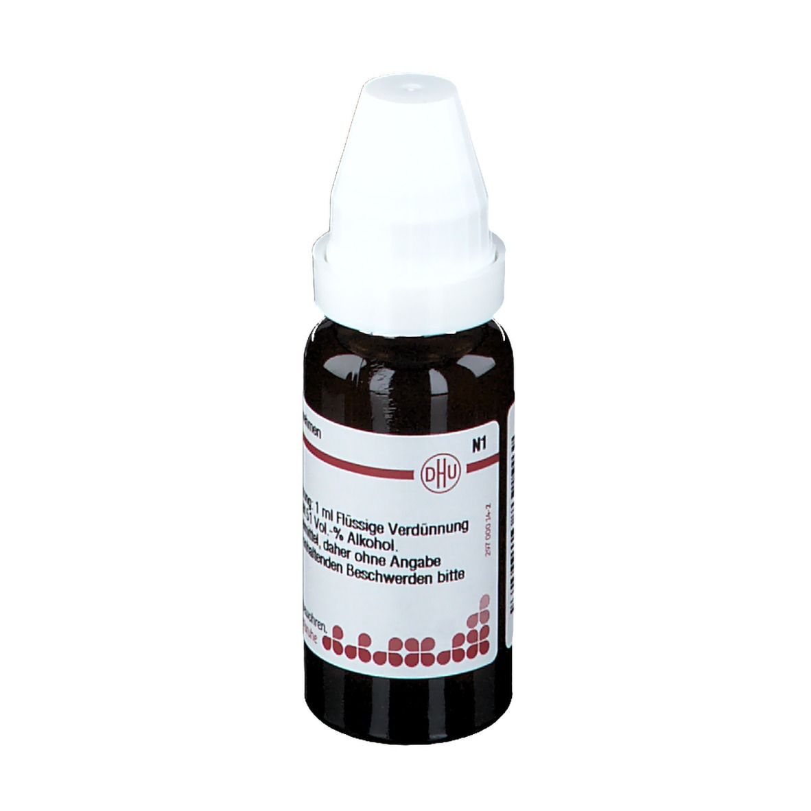 Braune Glasflasche mit weißem Verschluss. Etikett mit Text: DHU, Pulsatilla D5, Homöopathisches Arzneimittel.