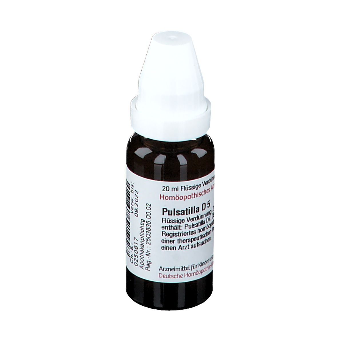 Braune Glasflasche mit weißem Verschluss. Etikett mit Text: Pulsatilla D5, 20 ml. Homöopathisches Arzneimittel.