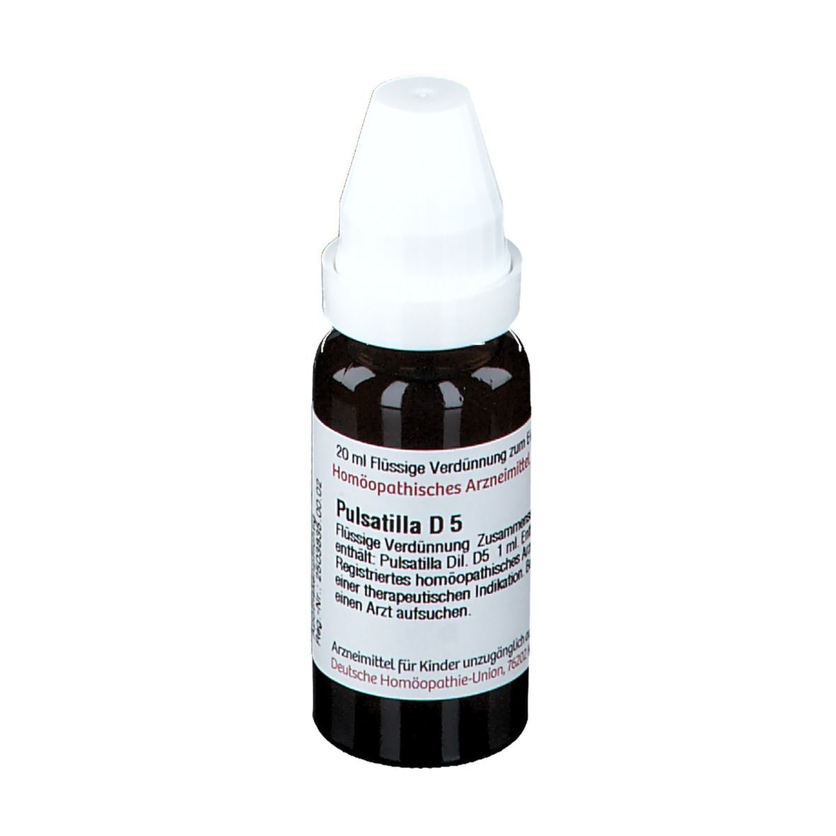 Braune Glasflasche mit weißem Verschluss. Etikett mit Text: Pulsatilla D5, Homöopathisches Arzneimittel.