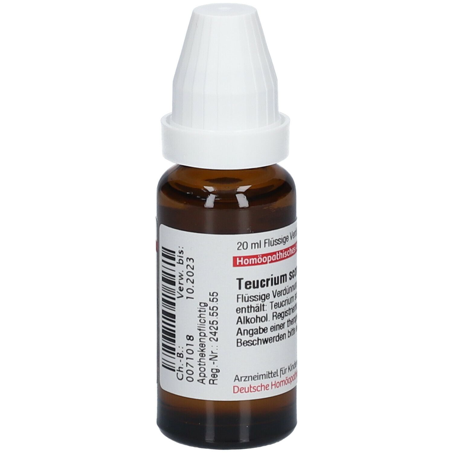 Braune Glasflasche mit weißem Verschluss. Etikett mit Produktinformationen und Verfallsdatum: 10.2023.