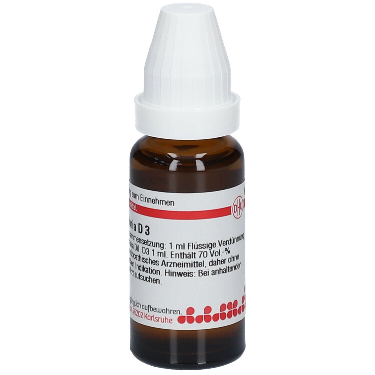 Braune Glasflasche mit weißem Verschluss. Etikett mit Produktinformationen: DHU Teucrium scorodonia D3.