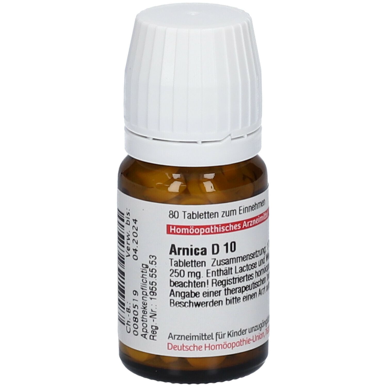 Braune Glasflasche mit weißen Tabletten und weißem Deckel. Etikett mit Text: Arnica D 10, 80 Tabletten.