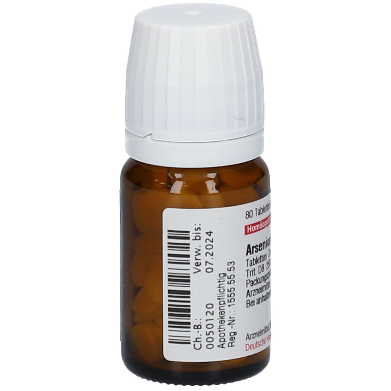 Braune Glasflasche mit weißen Deckel. Etikett mit Text und Barcode. Enthält Tabletten. Haltbarkeit bis 07.2024.