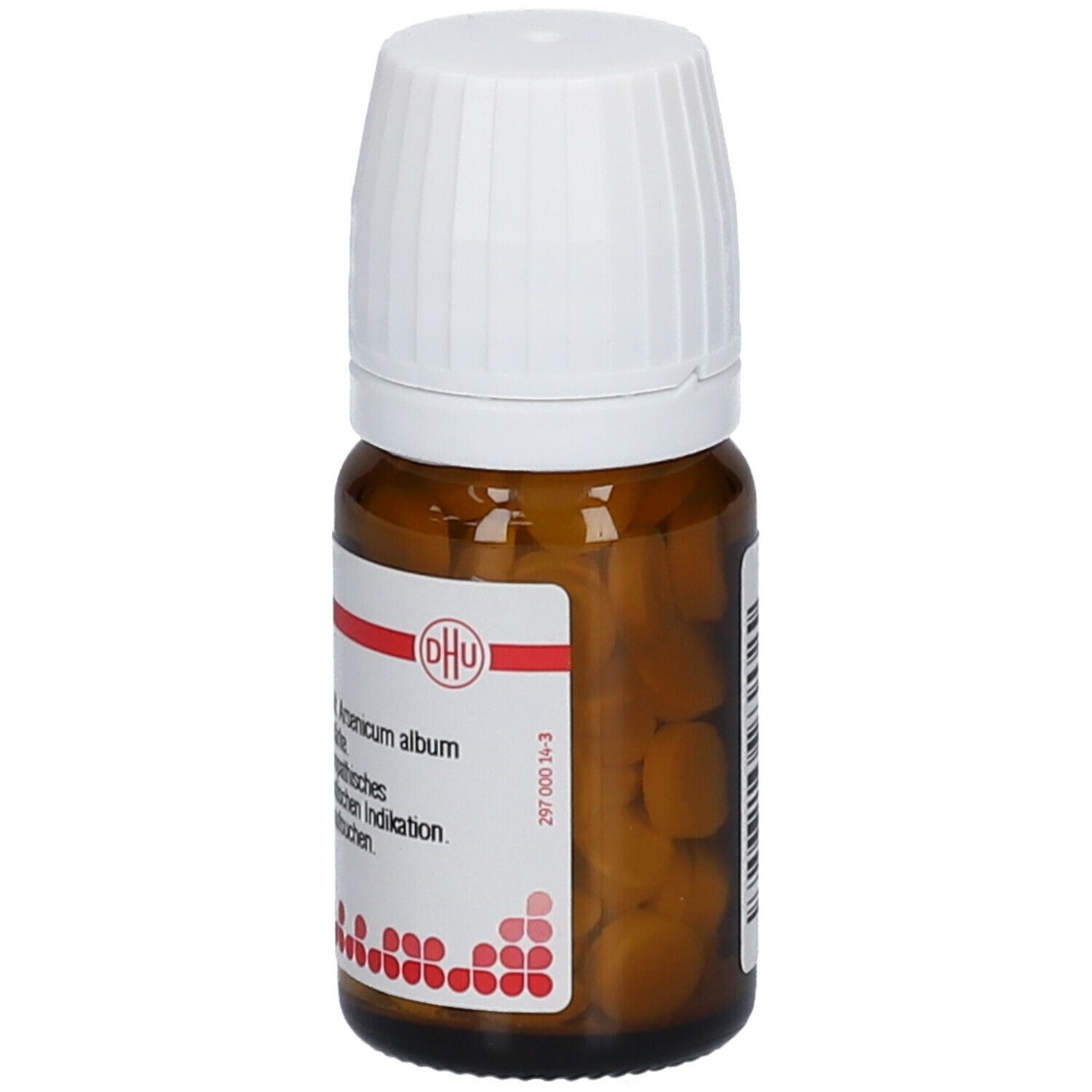 Braune Glasflasche mit weißen Deckel. Etikett mit rotem Streifen und Text. Enthält Tabletten. DHU-Logo sichtbar.