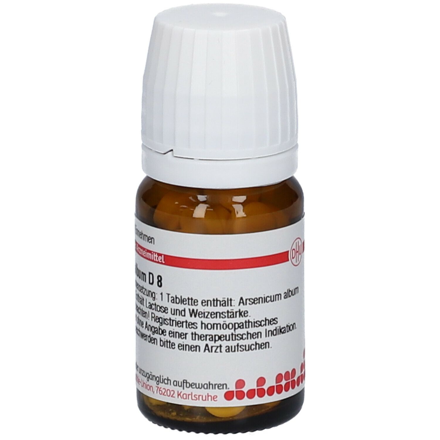 Braune Glasflasche mit weißen Deckel. Etikett mit rotem Streifen und Text. Enthält Tabletten. DHU Arsenicum album D8.
