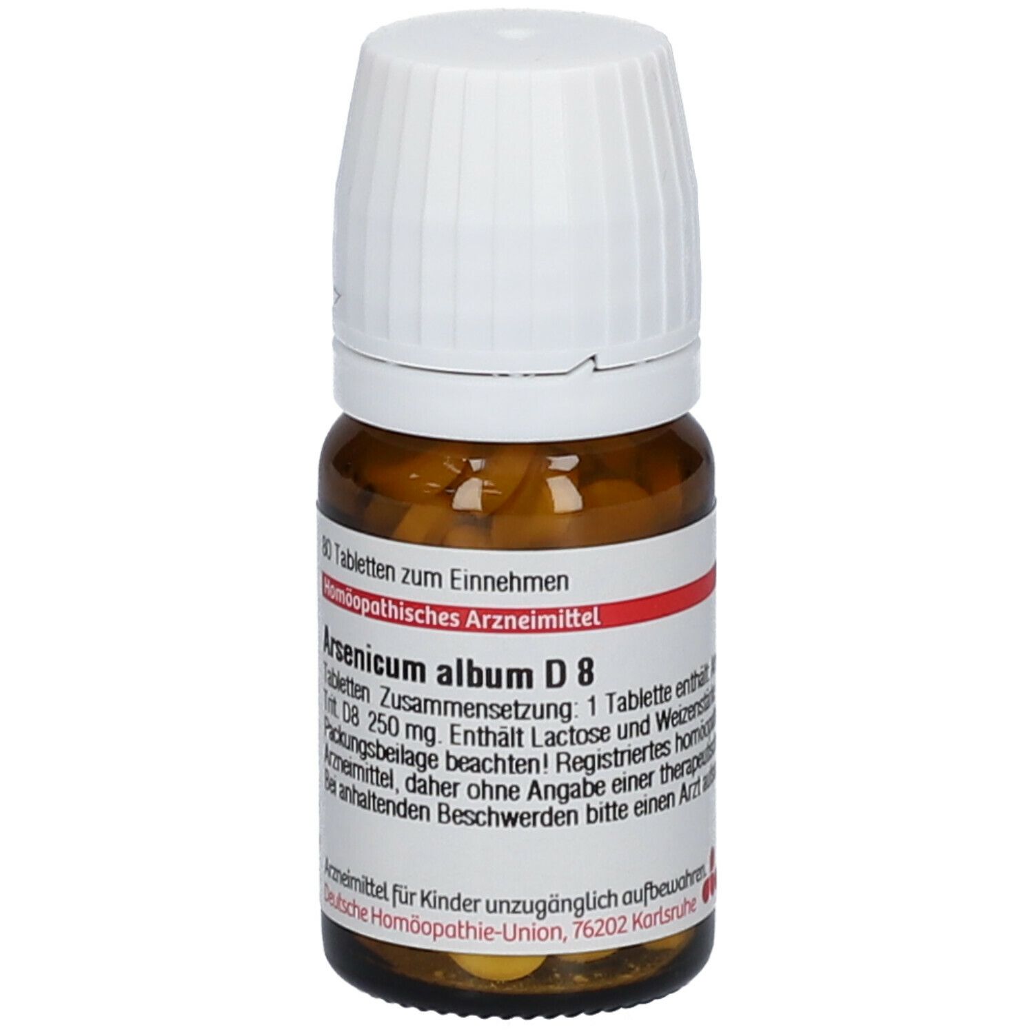 Braune Glasflasche mit weißen Deckel. Etikett mit rotem Streifen und Text. Enthält Tabletten. DHU Arsenicum album D8.