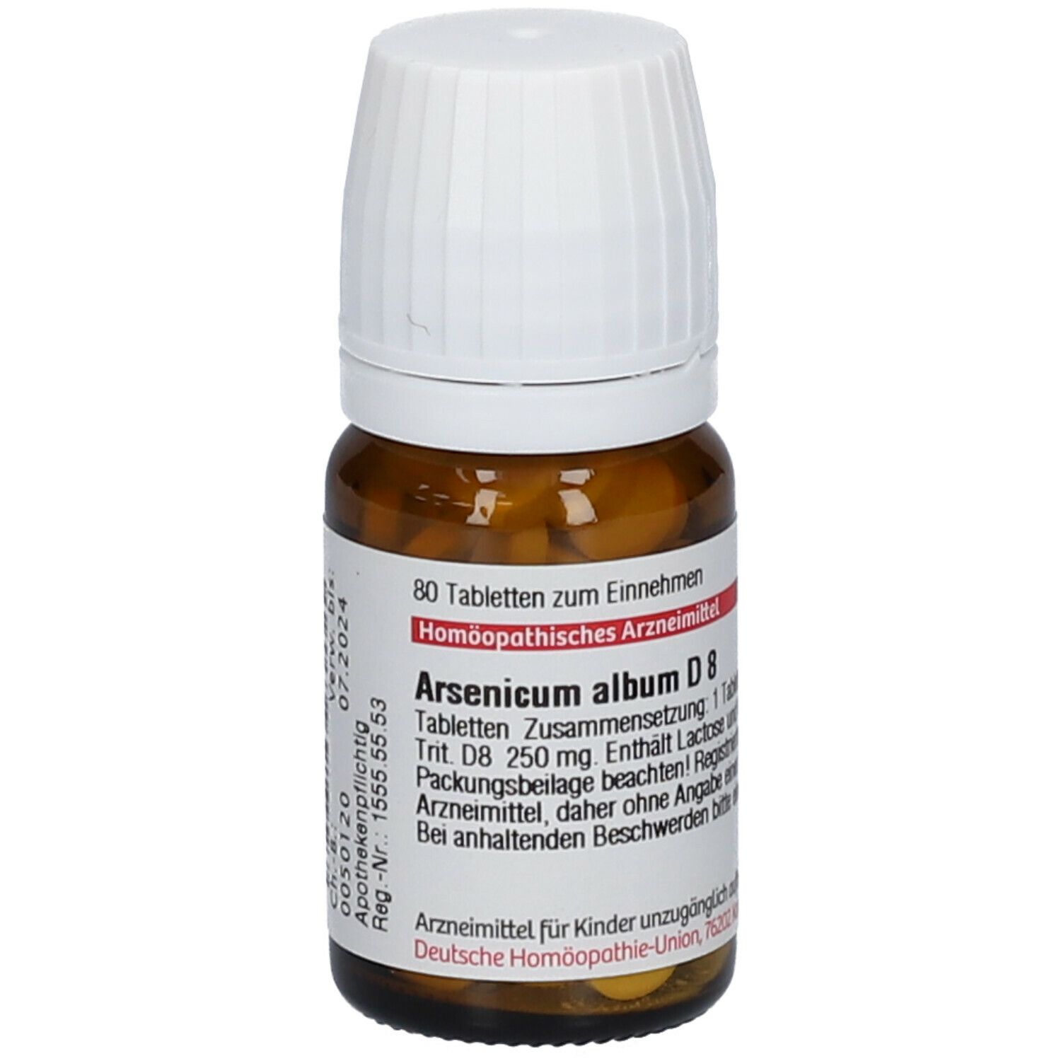 Braune Glasflasche mit weißen Deckel. Etikett mit rotem Streifen und Text. Enthält Tabletten. DHU Arsenicum album D8.