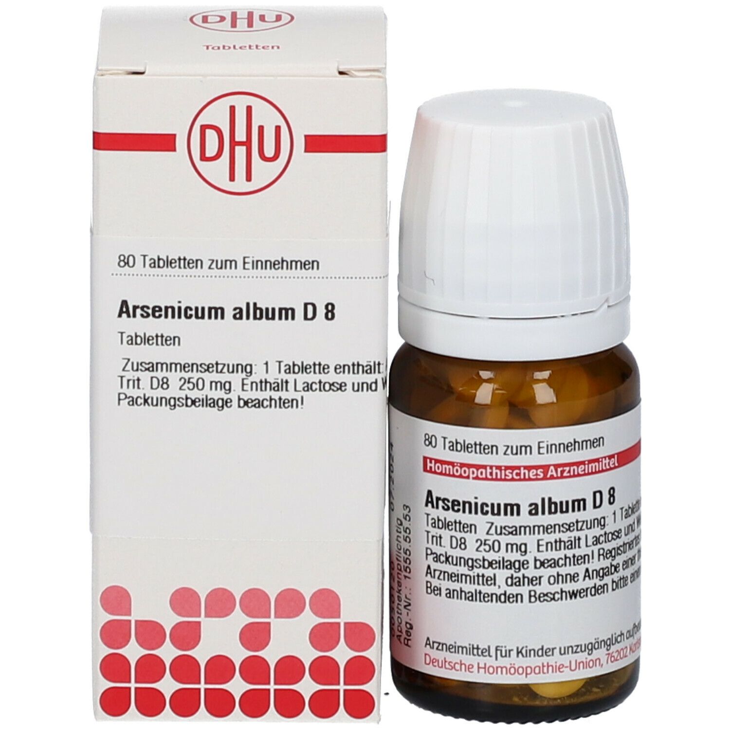 Produktverpackung mit Flasche und Karton. Flasche: braun, weißer Deckel. Karton: weiß, DHU-Logo, Text. Enthält Tabletten.