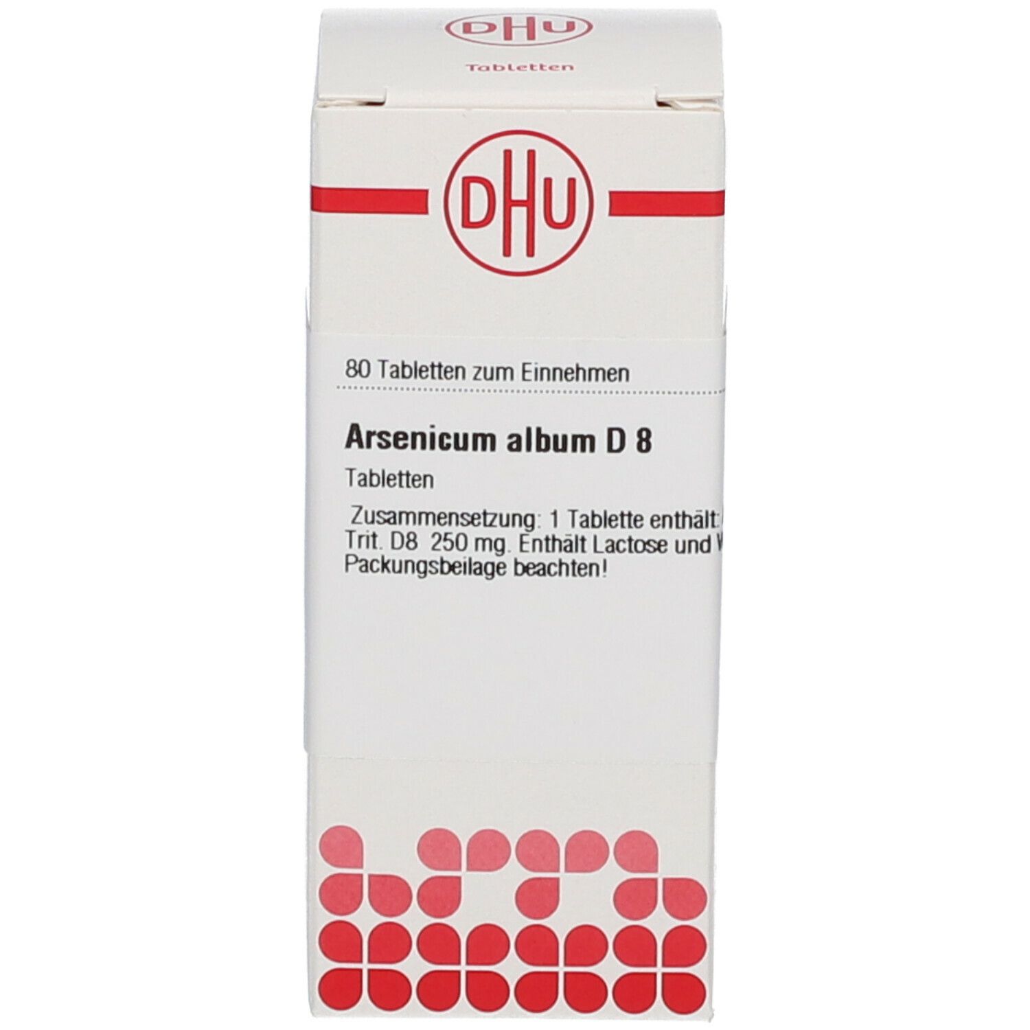 Weiße Produktverpackung mit DHU-Logo. Enthält Tabletten. Text: Arsenicum album D8. Roter Streifen und rotes Muster.
