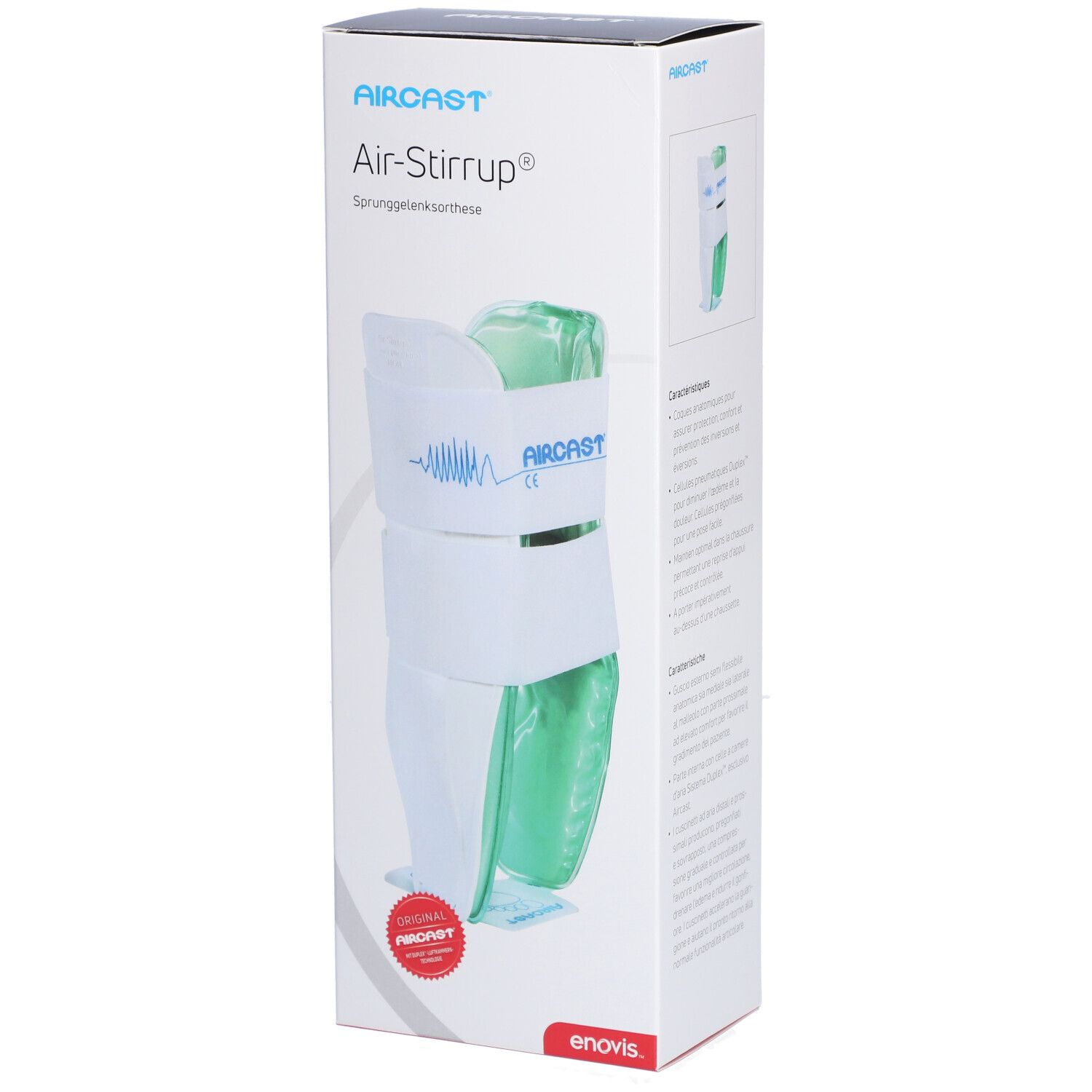 Verpackung mit AIRCAST Air-Stirrup. Produktabbildung, weißes Band, grünes Kissen. Text: Air-Stirrup, Sprunggelenkorthese.
