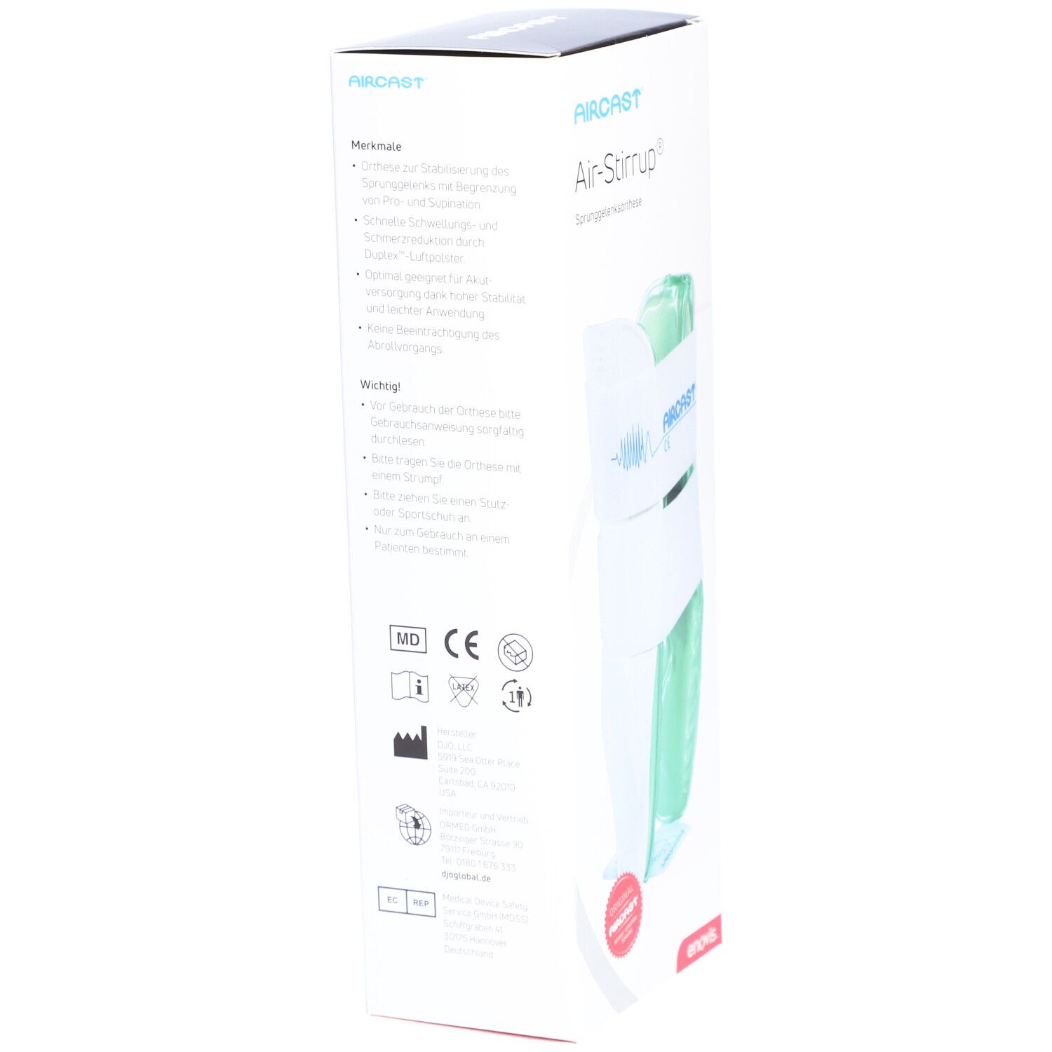 Seitenansicht der AIRCAST Air-Stirrup Verpackung. Text: Air-Stirrup, Produktinformationen, Logos, MD, CE, enovis.