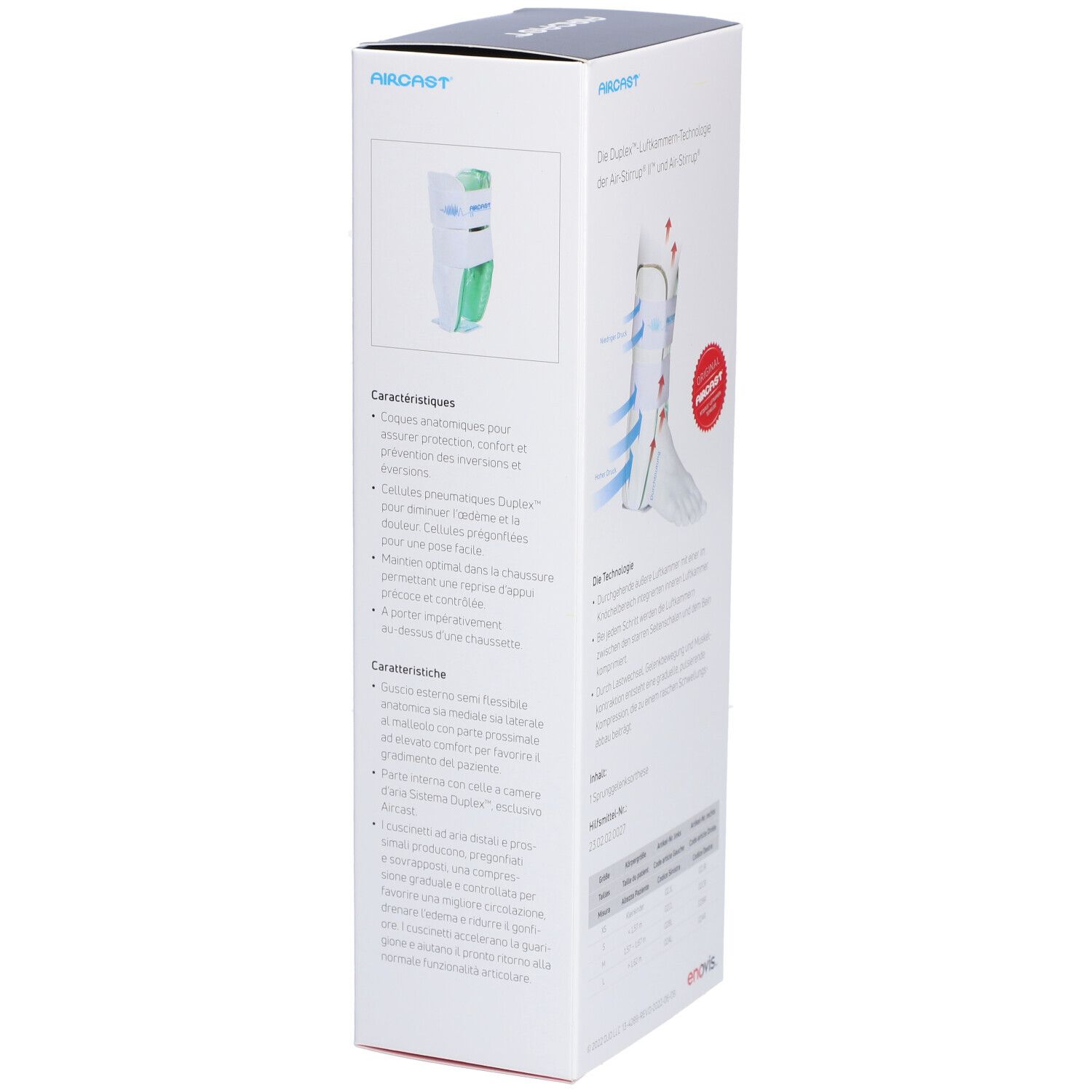 Seitenansicht der AIRCAST Air-Stirrup Verpackung. Text: Duplex Luftkammer Technologie, Größenangaben, enovis.
