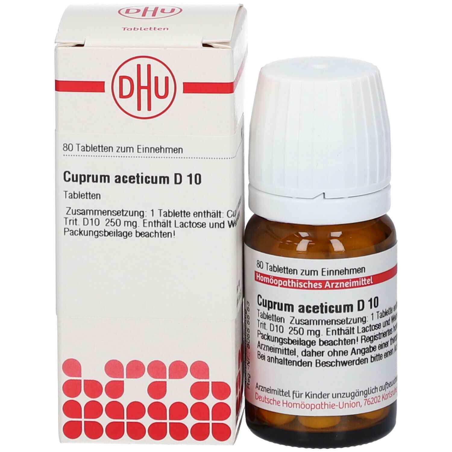 Produktverpackung mit Flasche. Weiße Schachtel mit DHU Logo und Text: Cuprum aceticum D 10. Enthält Tabletten.