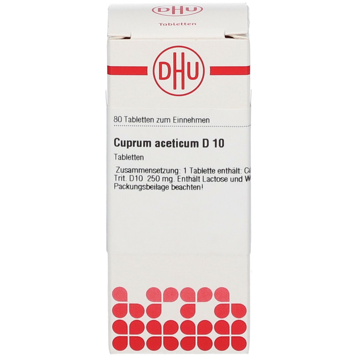 Weiße Schachtel mit DHU Logo und Text: Cuprum aceticum D 10. Enthält Tabletten. Rote Details.