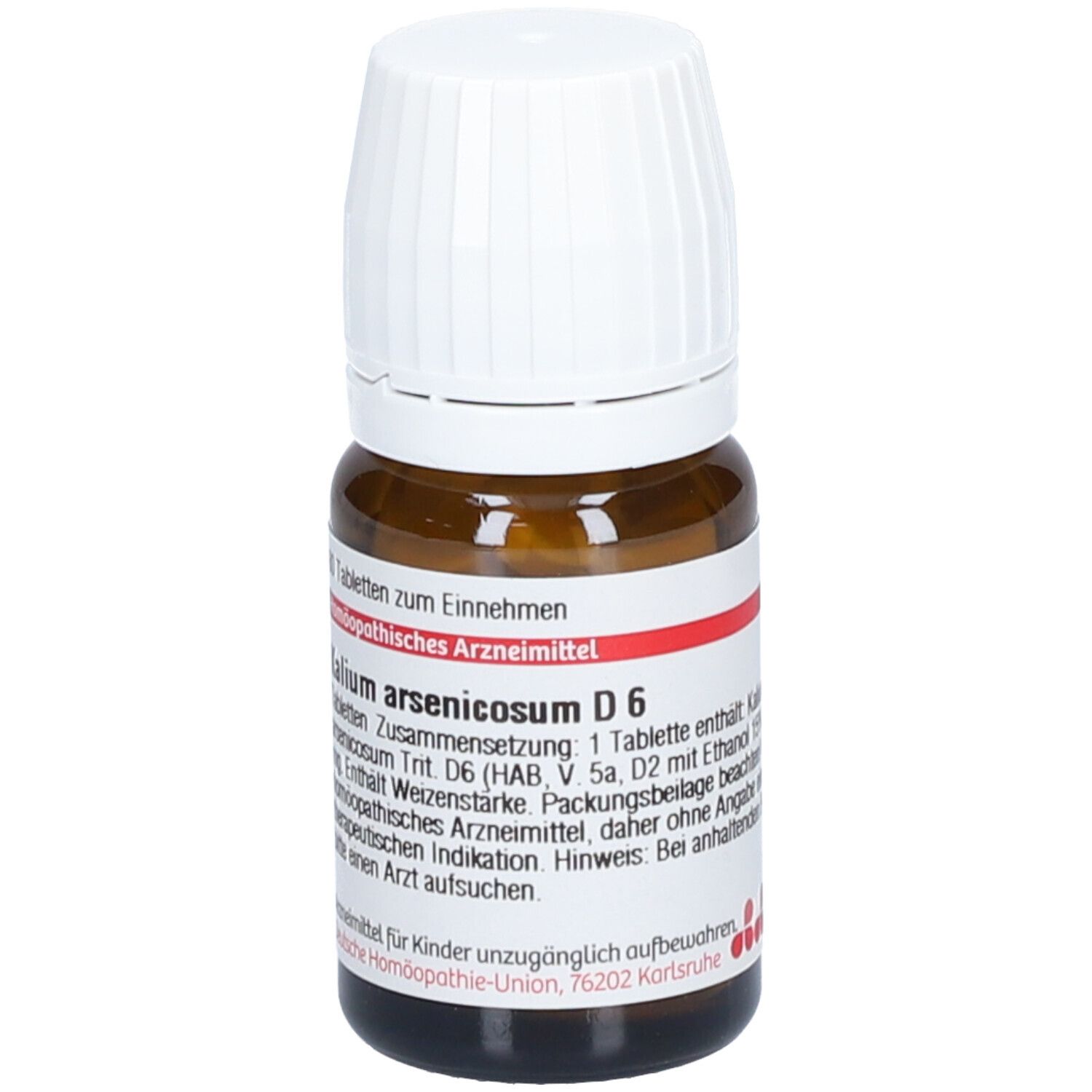 Braune Glasflasche mit weißem Deckel. Etikett mit Produktinformationen. Aufschrift: Kalium arsenicosum D6.