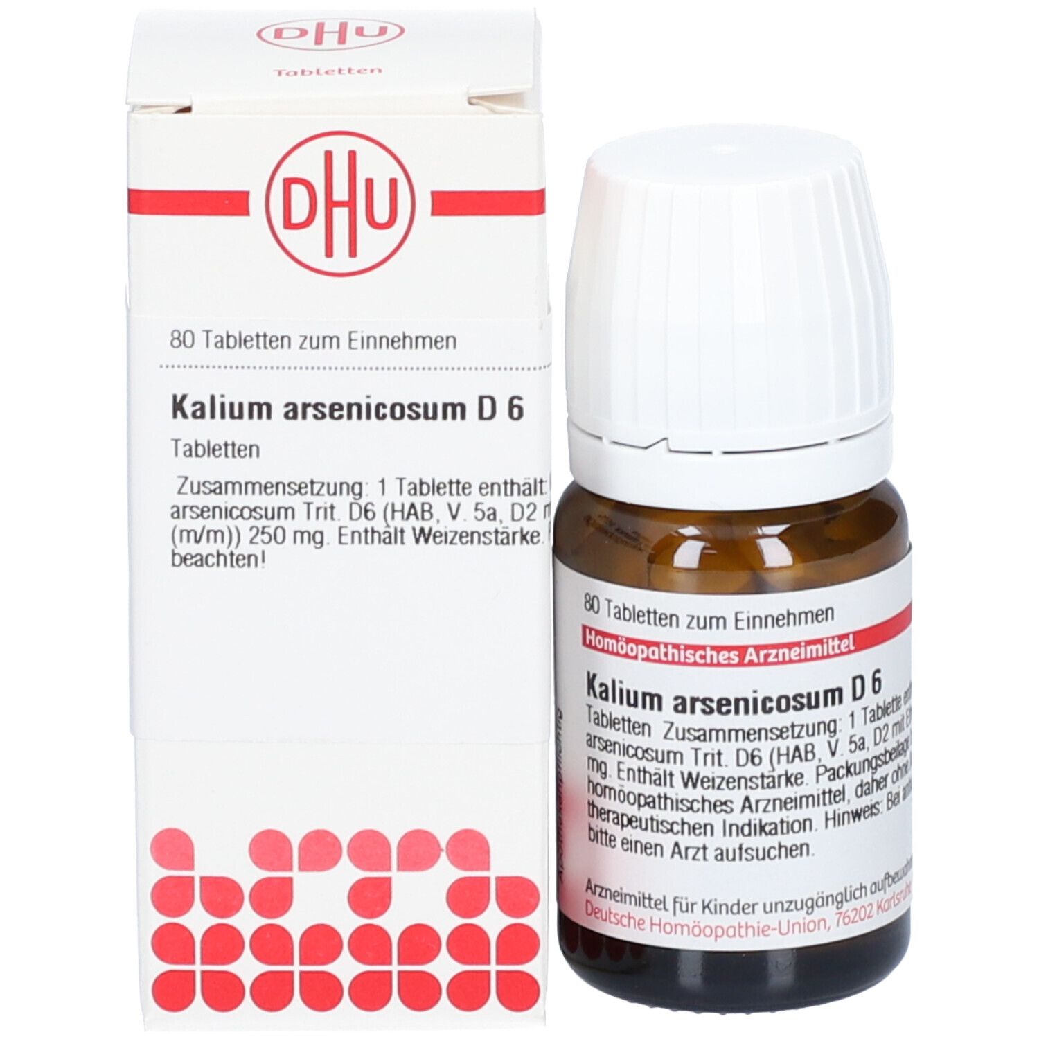 Braune Glasflasche und Schachtel. Aufschrift: DHU, Kalium arsenicosum D6. Schachtel mit Produktinformationen.