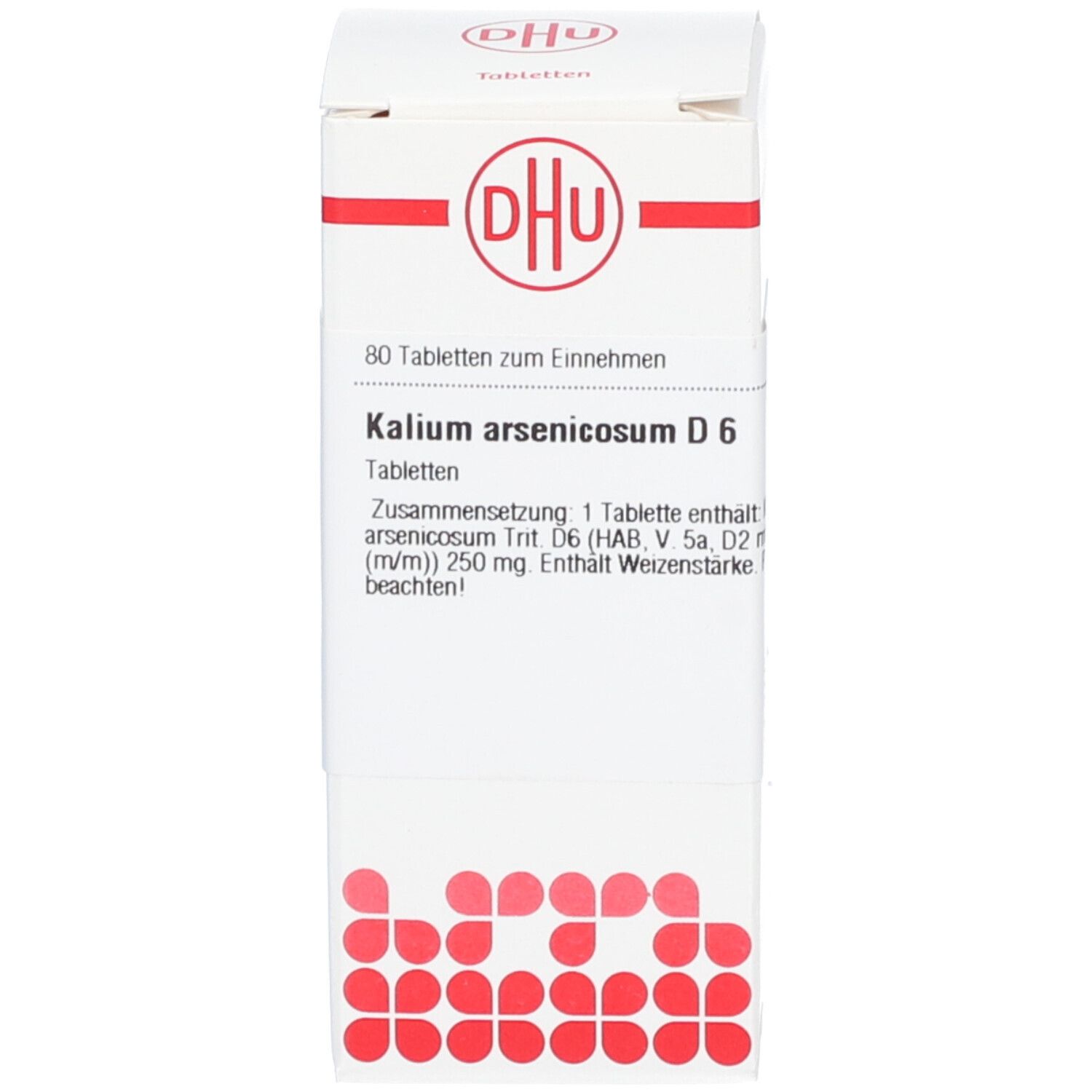 Weiße Schachtel mit Aufschrift: DHU, Kalium arsenicosum D6. Produktinformationen auf der Schachtel.