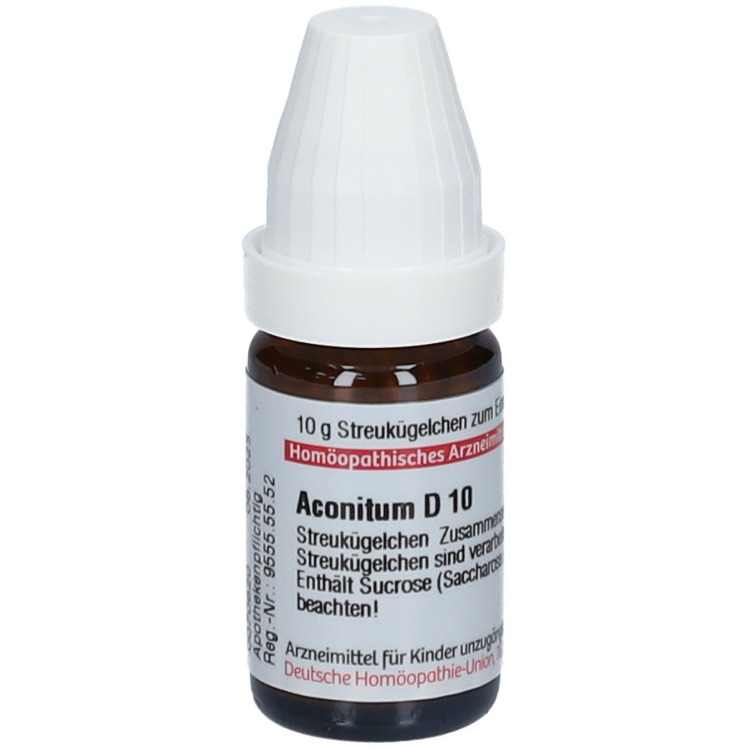 Braune Glasflasche mit weißem Deckel. Beschriftung: Aconitum D 10, 10 g Streukügelchen. Apotheken-Nr.