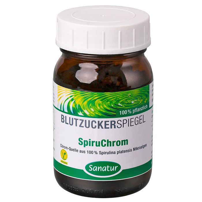 Braune Glasflasche mit weißem Deckel. Aufschrift: Blutzuckerspiegel, SpiruChrom, Sanatur. Vegan-Siegel.