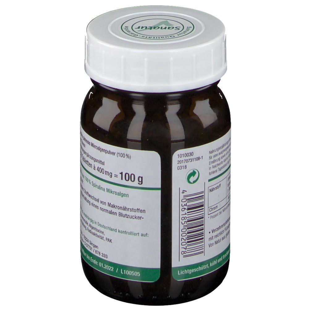 Braune Glasflasche mit weißem Deckel. Aufschrift: Blutzuckerspiegel, SpiruChrom, Sanatur. Inhalt: 100 g.