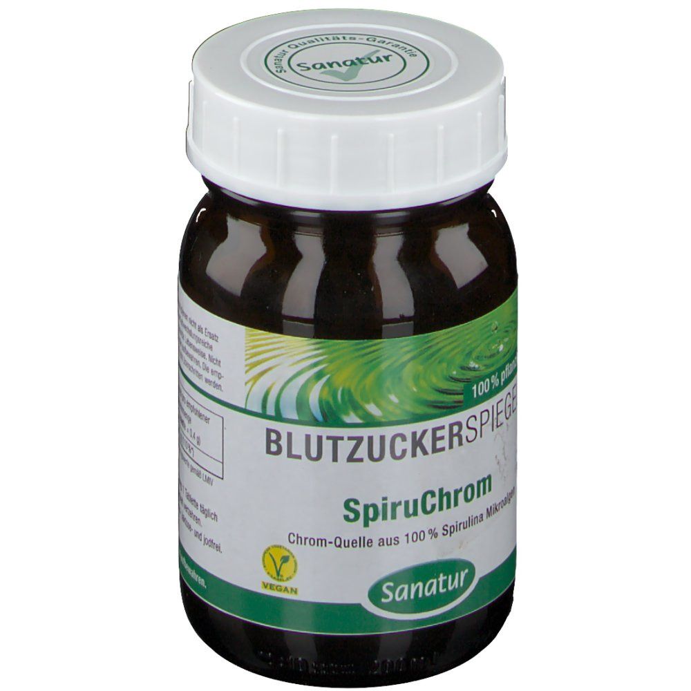 Braune Glasflasche mit weißem Deckel. Aufschrift: Blutzuckerspiegel, SpiruChrom, Sanatur. Vegan-Siegel.