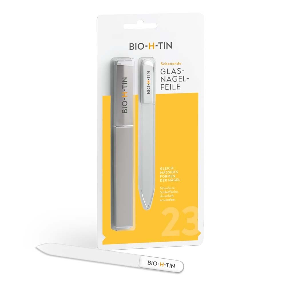 BIO-H-TIN® Glas-Nagelfeile und Etui. Text: BIO-H-TIN, Schonende Glas-Nagelfeile, gleichmäßiges Formen der Nägel.