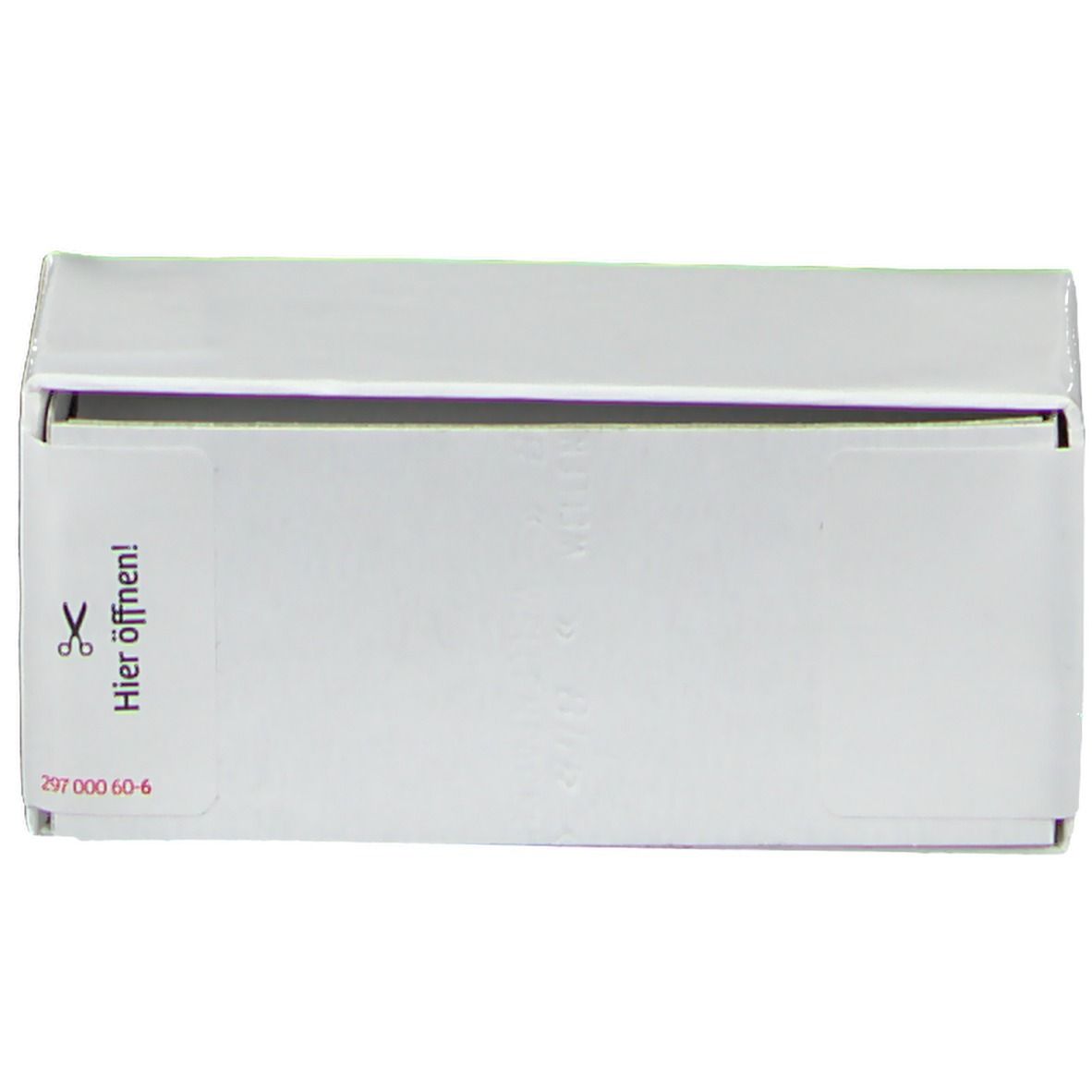 Weiße Faltschachtel, Seitenansicht. Text: Hier öffnen! Unten: 297 000 60-6.