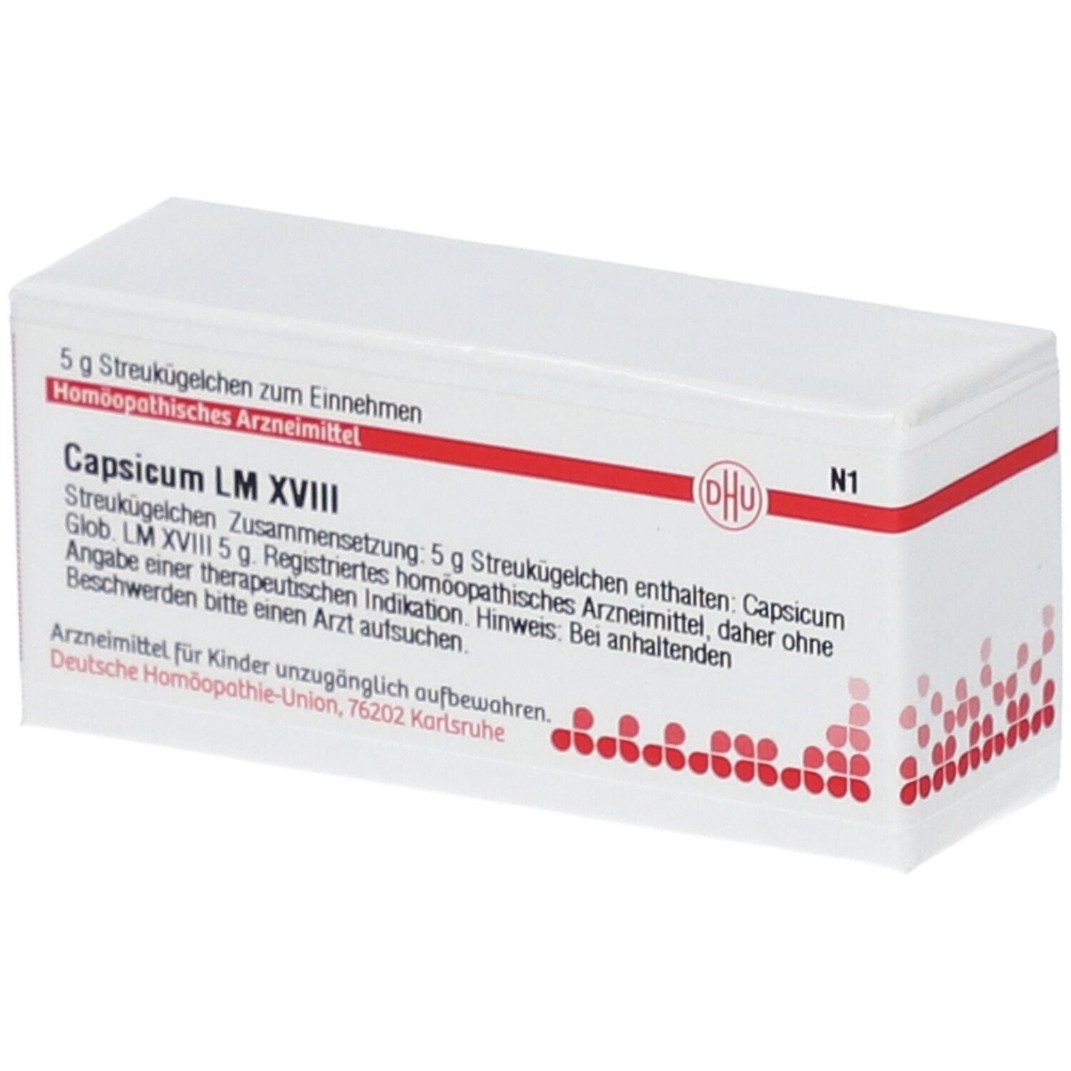 Weiße Schachtel mit roter Schrift und DHU-Logo. Aufschrift: Capsicum LM XVIII, 5 g Streukügelchen. Arzneimittel.
