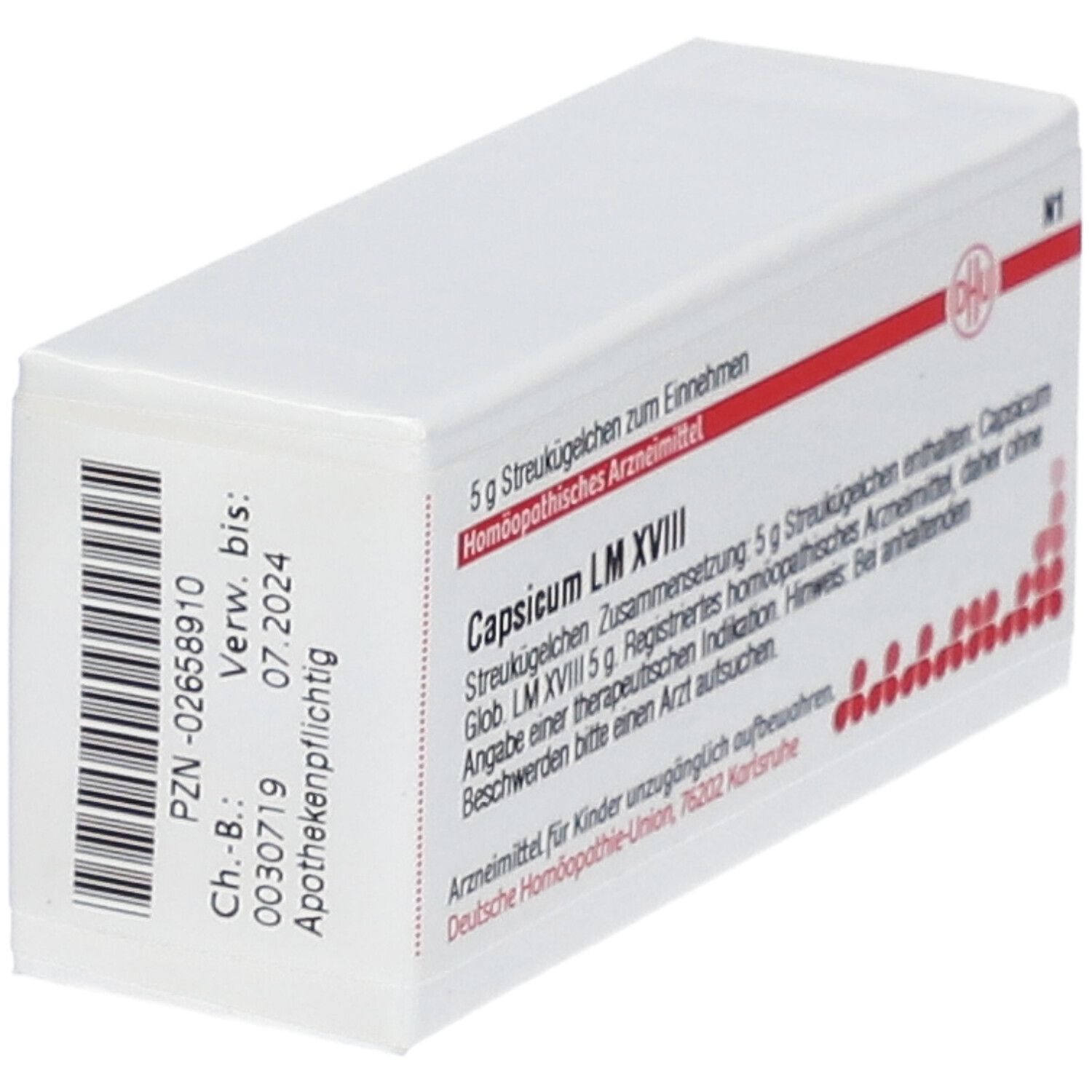 Weiße Schachtel mit roter Schrift und DHU-Logo. Aufschrift: Capsicum LM XVIII, 5 g Streukügelchen. Arzneimittel.