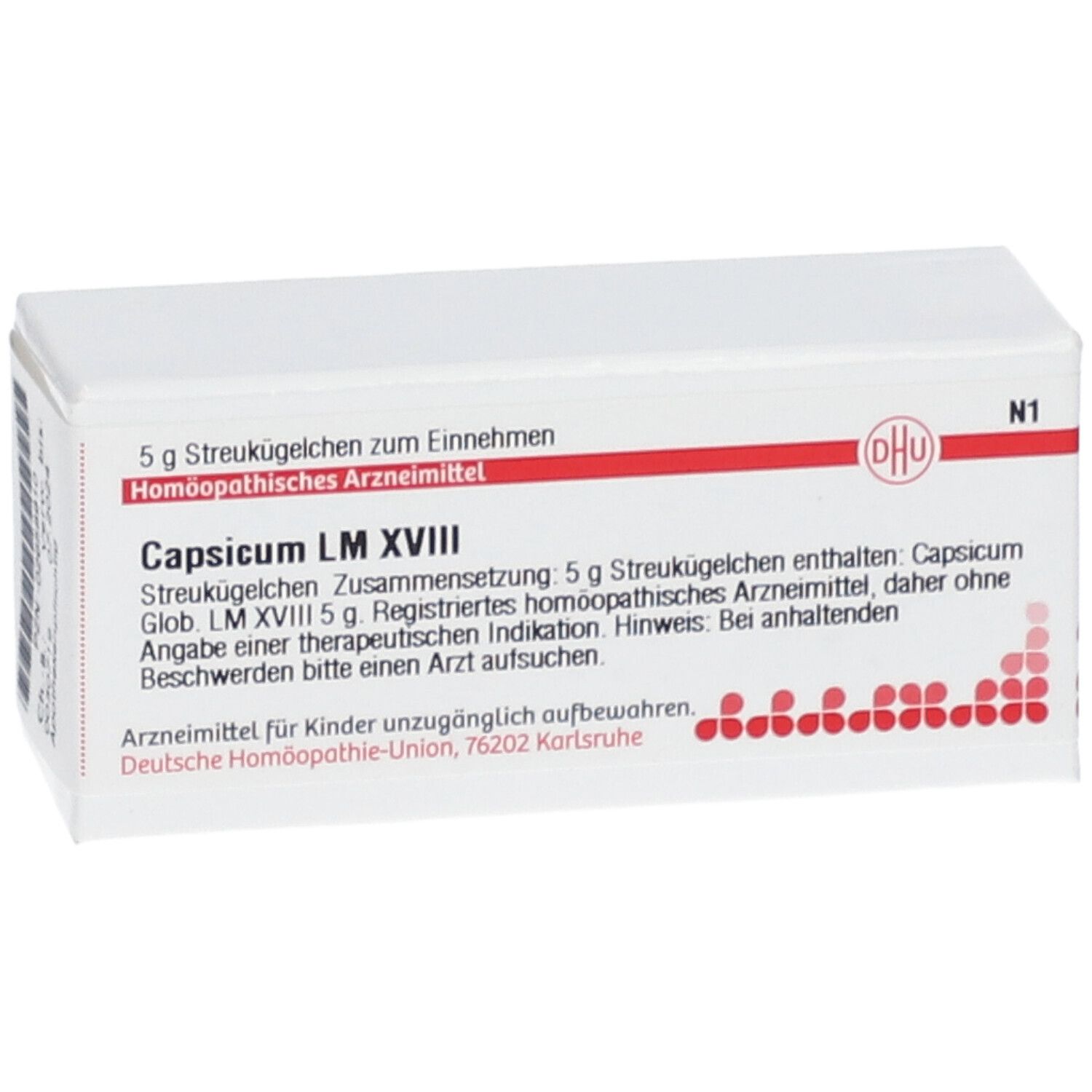 Weiße Schachtel mit roter Schrift und DHU-Logo. Aufschrift: Capsicum LM XVIII, 5 g Streukügelchen. Arzneimittel.
