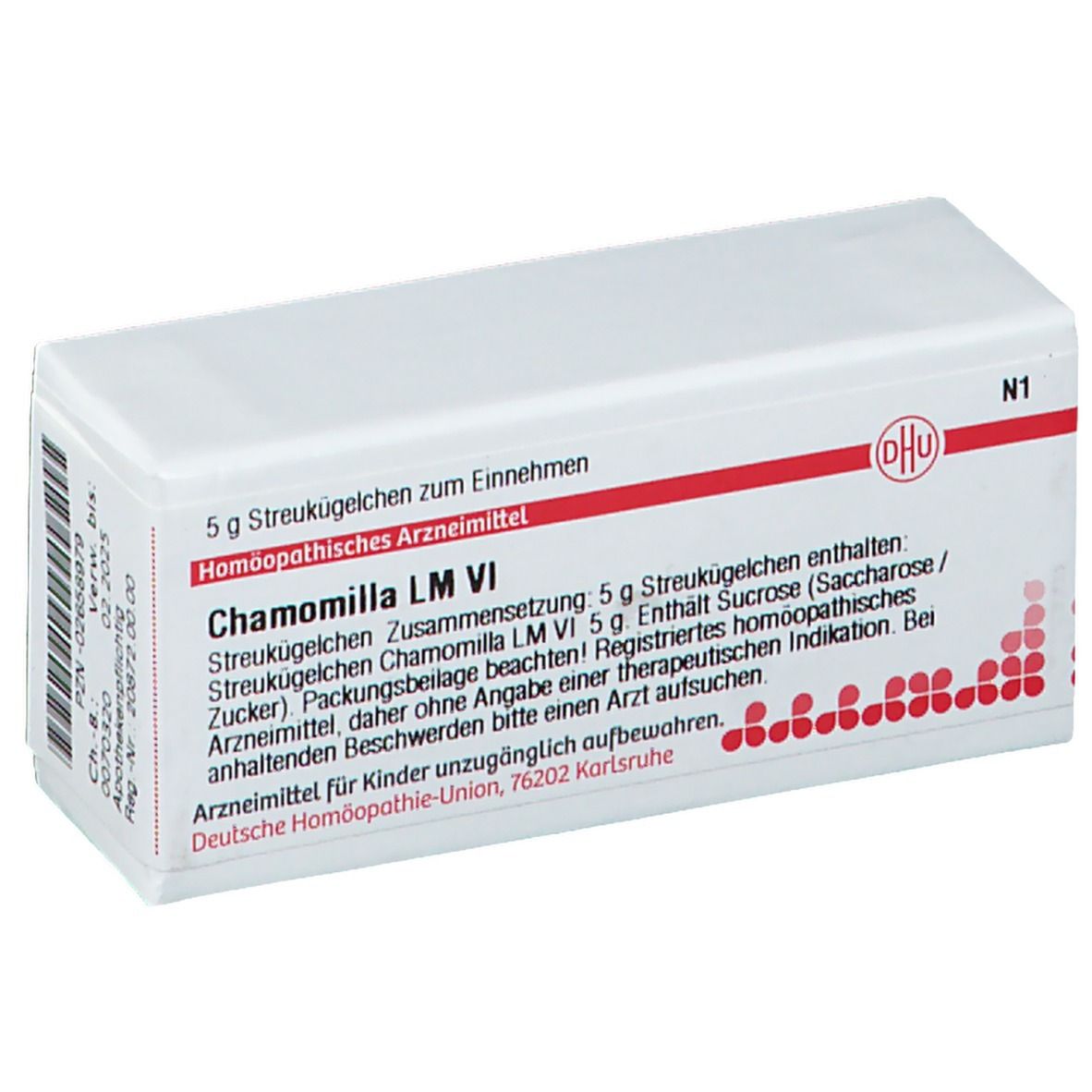Weiße Arzneimittelverpackung mit roter Schrift und DHU-Logo. Text: Chamomilla LM VI, 5 g Streukügelchen. N1.