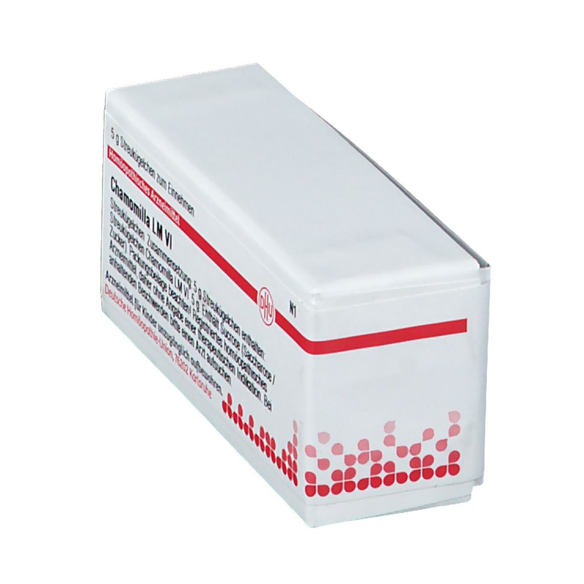 Weiße Arzneimittelverpackung mit roter Schrift und DHU-Logo. Text: Chamomilla LM VI, 5 g Streukügelchen. N1.