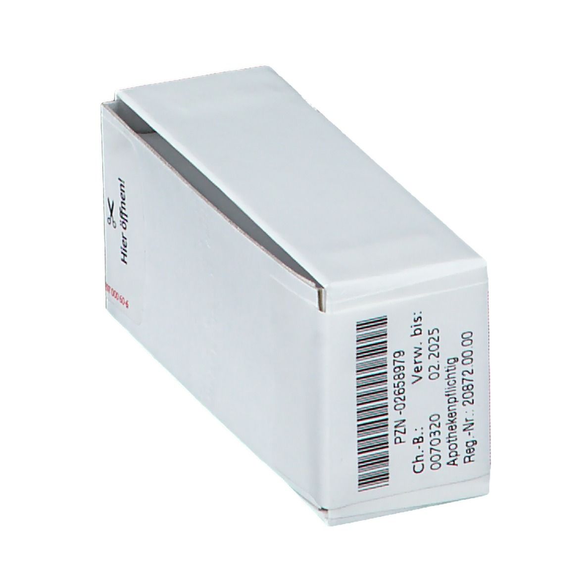 Weiße Arzneimittelverpackung mit Barcode und Text. Text: PZN, Verwendbar bis, Apothekenpflichtig.